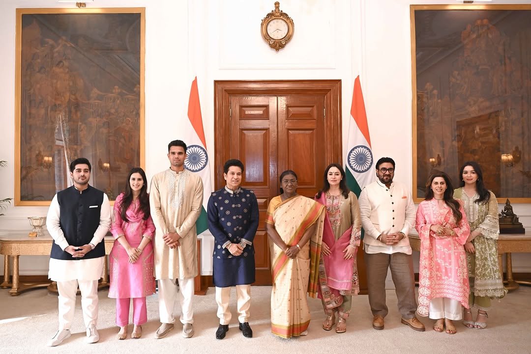 Photo shared by Sachin Tendulkar on February 10, 2026 tagging @presidentofindia. May be an image of wedding and text.
