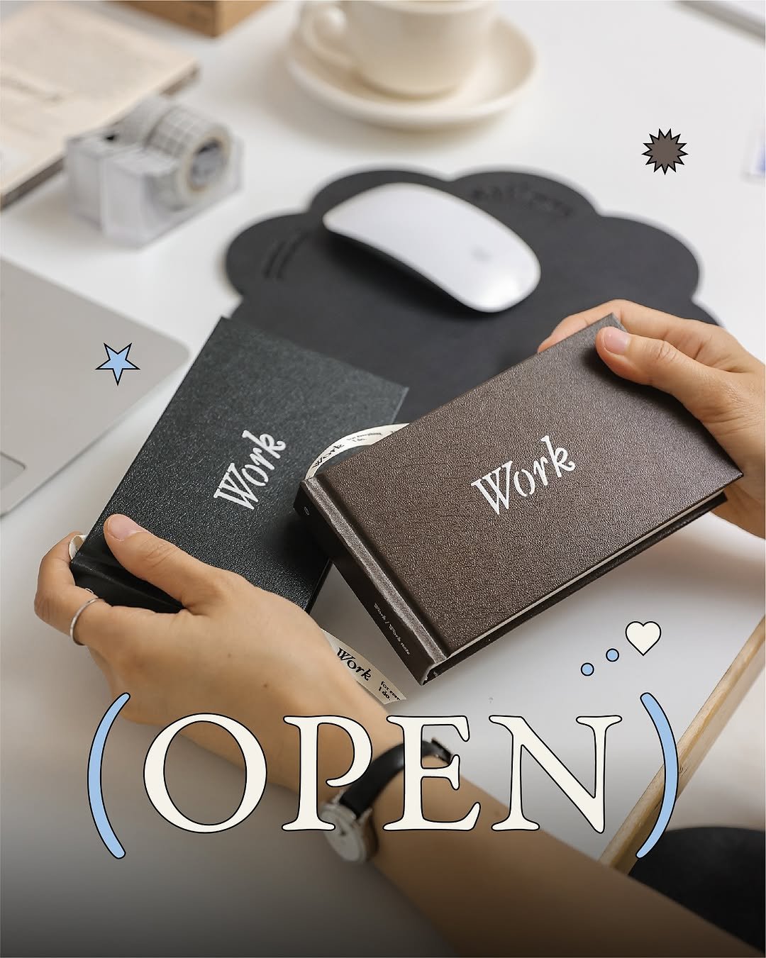 Photo shared by 세일러즈 on September 17, 2025 tagging @2tnnd. May be an image of phone, saddle-stitched leather, diary, leather wallet, clipboard, binder, mouse pad, tablet, pencil case and text that says 'Work Work Work (OPEN)'.