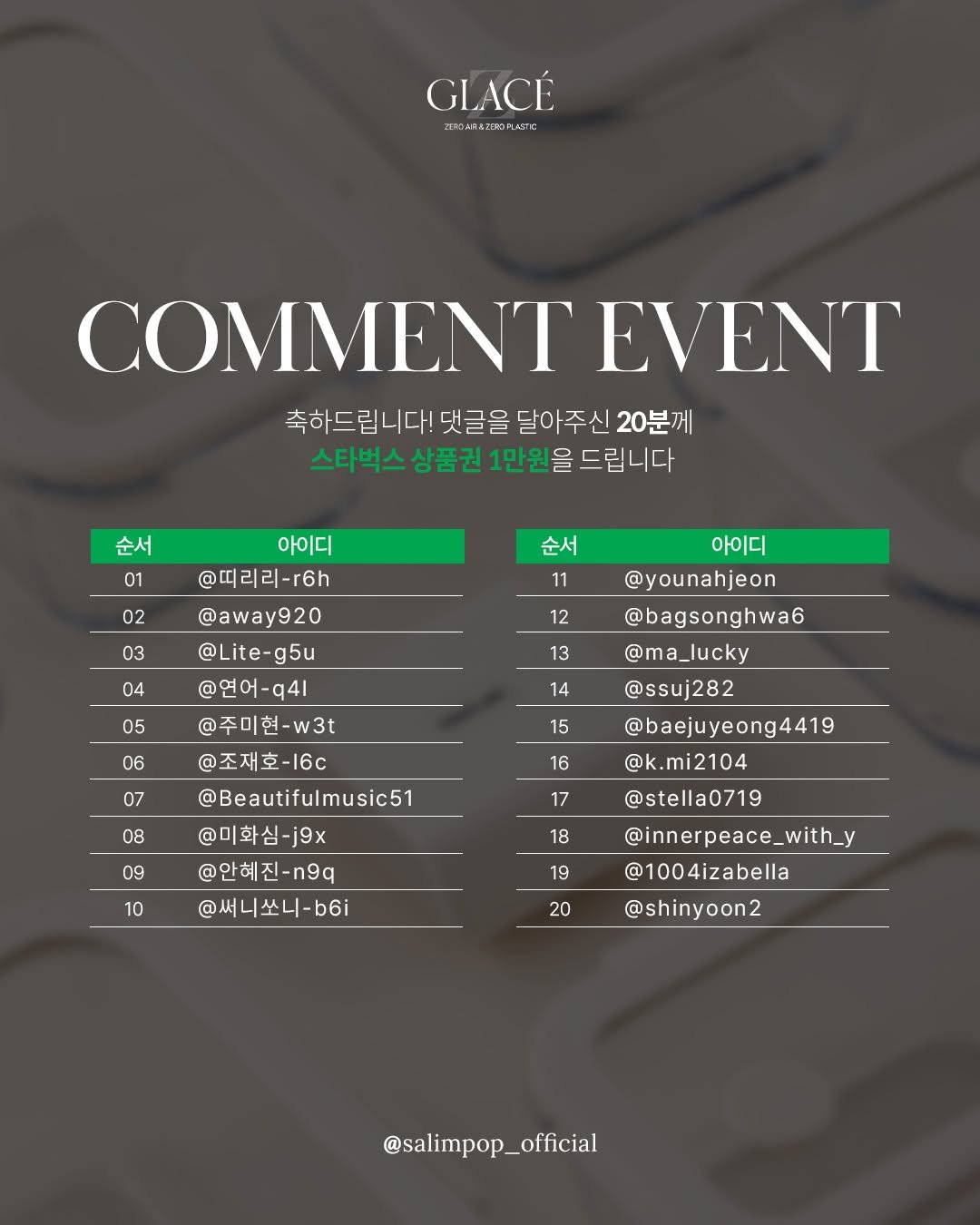 Photo by 살림팝 (SalimPOP) on September 29, 2025. May be a graphic of text that says 'GLACE AKaKoюmaT PRORA COMMENT EVENT 축하드립니다! 댓글을 달아주신 달아주신20분께 달이 20분께 스타벅스 상품권 1만원을 1만원을드립니다 드립니다 순서 01 아이디 @띠리리-r6h 02 순서 11 03 04 12 05 13 06 14 07 @away920 @Lite-g5u @연어-941 @주미현-w3t -w3t @조재호-16c @Beautifulmusic51 @미화심-j9× @안혜진-9q @써니쏘니-b6i 아이디 @younahjeon @bagsonghwa6 @ma_lucky @ssuj282 @baejuyeong4419 @k.mi2104 @stella0719 15 08 16 09 17 10 18 19 @innerpeace_with_ with_y @1004izabella 20 @shinyoon2 @salimpop_official official'.