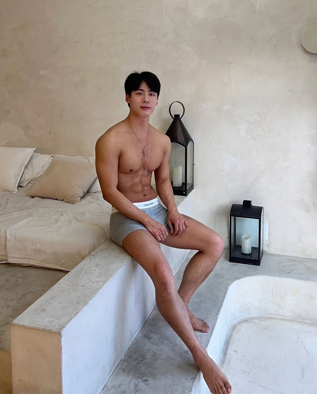 Photo shared by <삼삼하다> 김의준 on June 17, 2025 tagging @calvinklein. May be an image of 1 person, shorts and text.