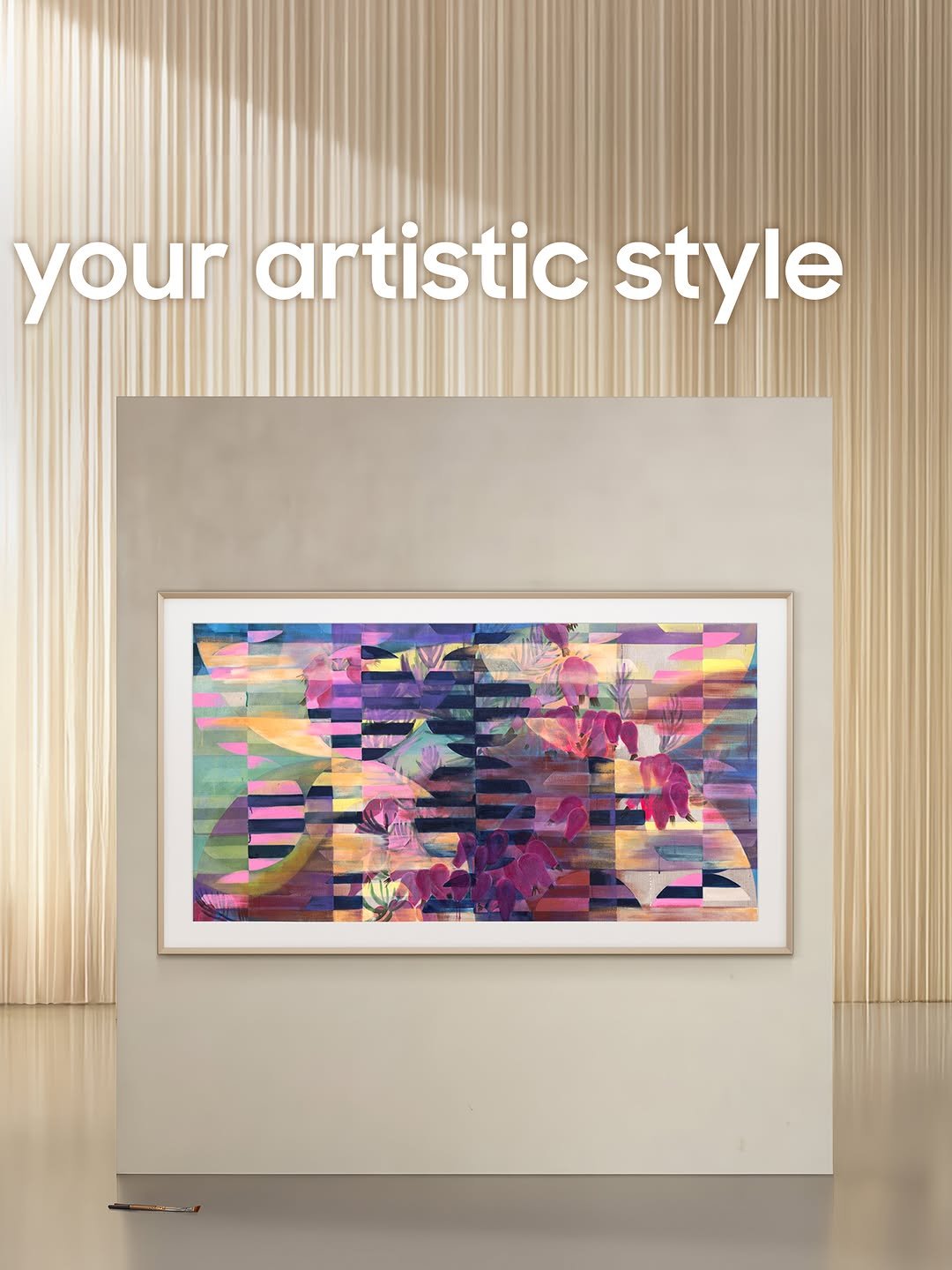 Set against a warm, gallery-inspired backdrop, three TVs are displayed on separate wall panels, each featuring a distinct artwork. On the left, the Samsung OLED TV showcases a pastel-toned abstract artwork with intersecting lines and geometric shapes. In the center, Samsung The Frame Pro TV displays a vibrant, mixed-media abstract composition bursting with color. On the right, the Samsung Micro RGB TV presents a pop-art-inspired grid of bold, colorful circular shapes. The headline "The answer to your artistic style" is overlaid in white text on the left and center panels, while the upper right reads "Discover Samsung Art TV at Art Basel in Basel, June 16–21, 2026." Paint cans, brushes, and a palette are placed around the displays, reinforcing the artistic, gallery-like atmosphere.