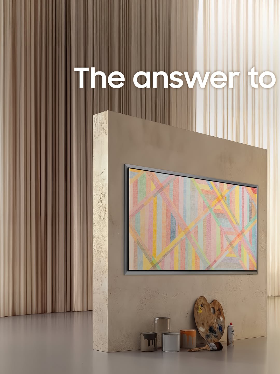 Set against a warm, gallery-inspired backdrop, three TVs are displayed on separate wall panels, each featuring a distinct artwork. On the left, the Samsung OLED TV showcases a pastel-toned abstract artwork with intersecting lines and geometric shapes. In the center, Samsung The Frame Pro TV displays a vibrant, mixed-media abstract composition bursting with color. On the right, the Samsung Micro RGB TV presents a pop-art-inspired grid of bold, colorful circular shapes. The headline "The answer to your artistic style" is overlaid in white text on the left and center panels, while the upper right reads "Discover Samsung Art TV at Art Basel in Basel, June 16–21, 2026." Paint cans, brushes, and a palette are placed around the displays, reinforcing the artistic, gallery-like atmosphere.