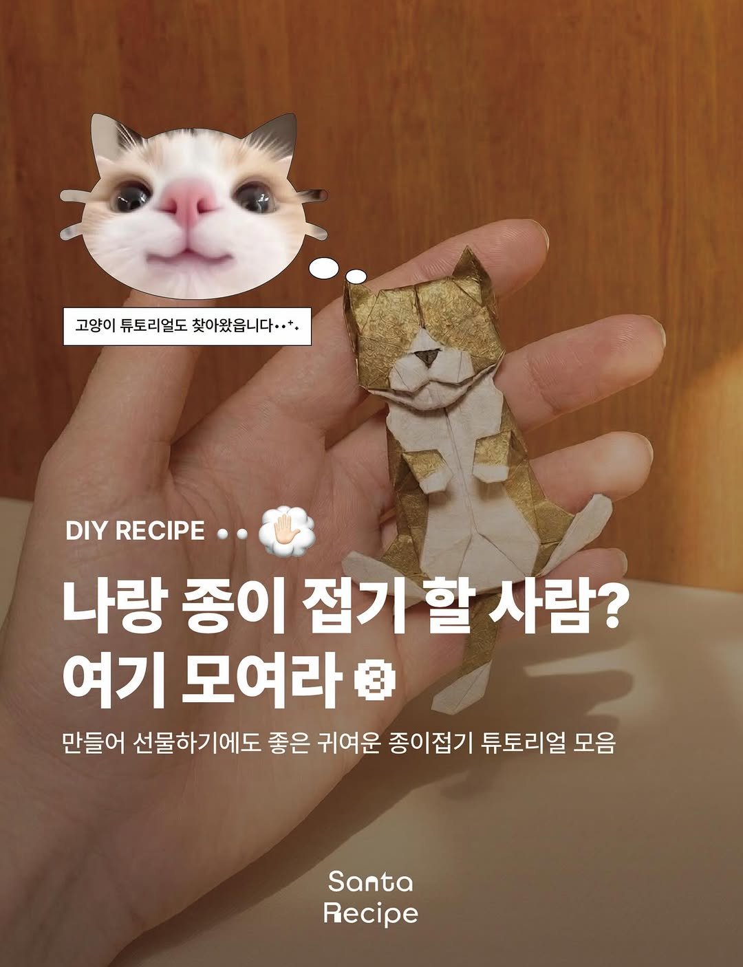 Photo by 산타레시피 | Santa Recipe on March 20, 2026. May be an image of text that says '고양이투도리얼도찾아왔읍니다.*. 고양이 튜토리얼도 찾아왔옵니다..*. DIY RECIPE 나랑 종이 접기 할 사람? 여기 모여라 3 만들어 선물하기에도 좋은 귀여운 종이접기 튜토리얼 모음 Santa Recipe'.