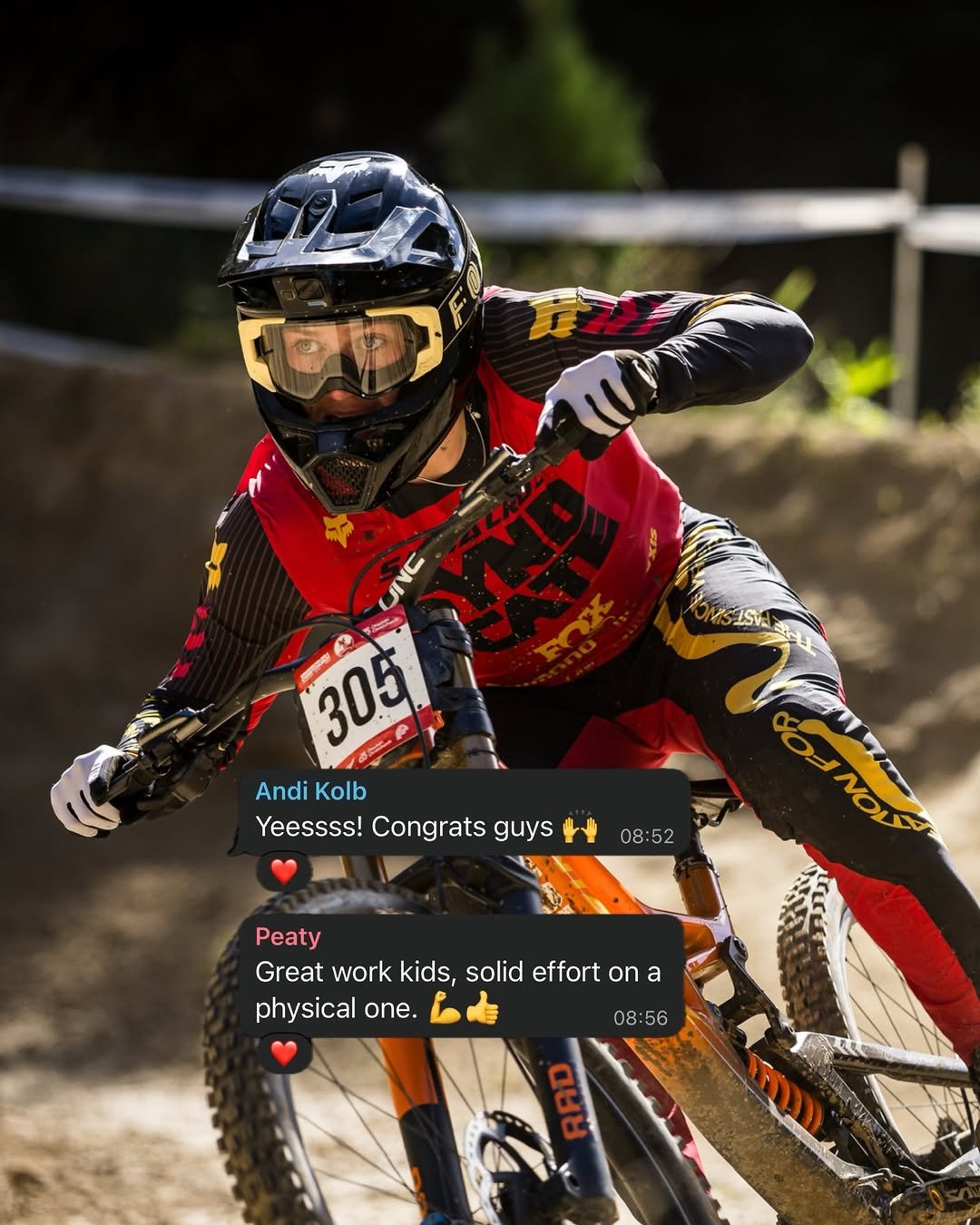 Photo shared by Santa Cruz Syndicate on February 21, 2026 tagging @santacruzbicycles, @felixbgriffiths, and @elliehulsebosch. May be an image of ‎racing vehicles, bicycle, helmet and ‎text that says '‎UNC SUNSPE 305 R Andi AndiKolb Kolb Yeessss! Congrats guys 08:52 NOTTO OONOLS NOL יתנתת Peaty Great work kids, solid effort on a physical one. 08: 08:56 대비장‎'‎‎.