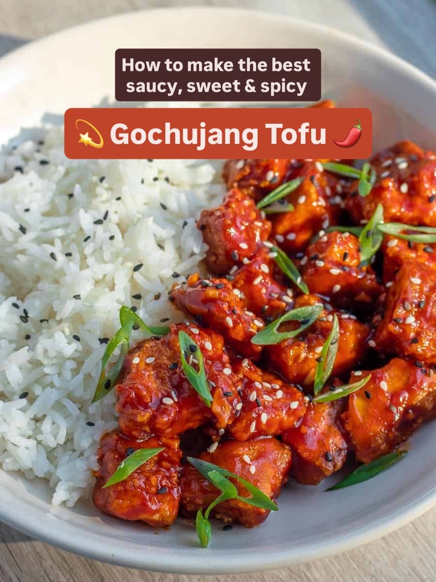 Photo by Sarah Sullivan 🌱 on February 14, 2026. May be an image of tofu, soy sauce, rice and text that says 'How to make the best saucy, sweet & spicy Gochujang Tofu'.