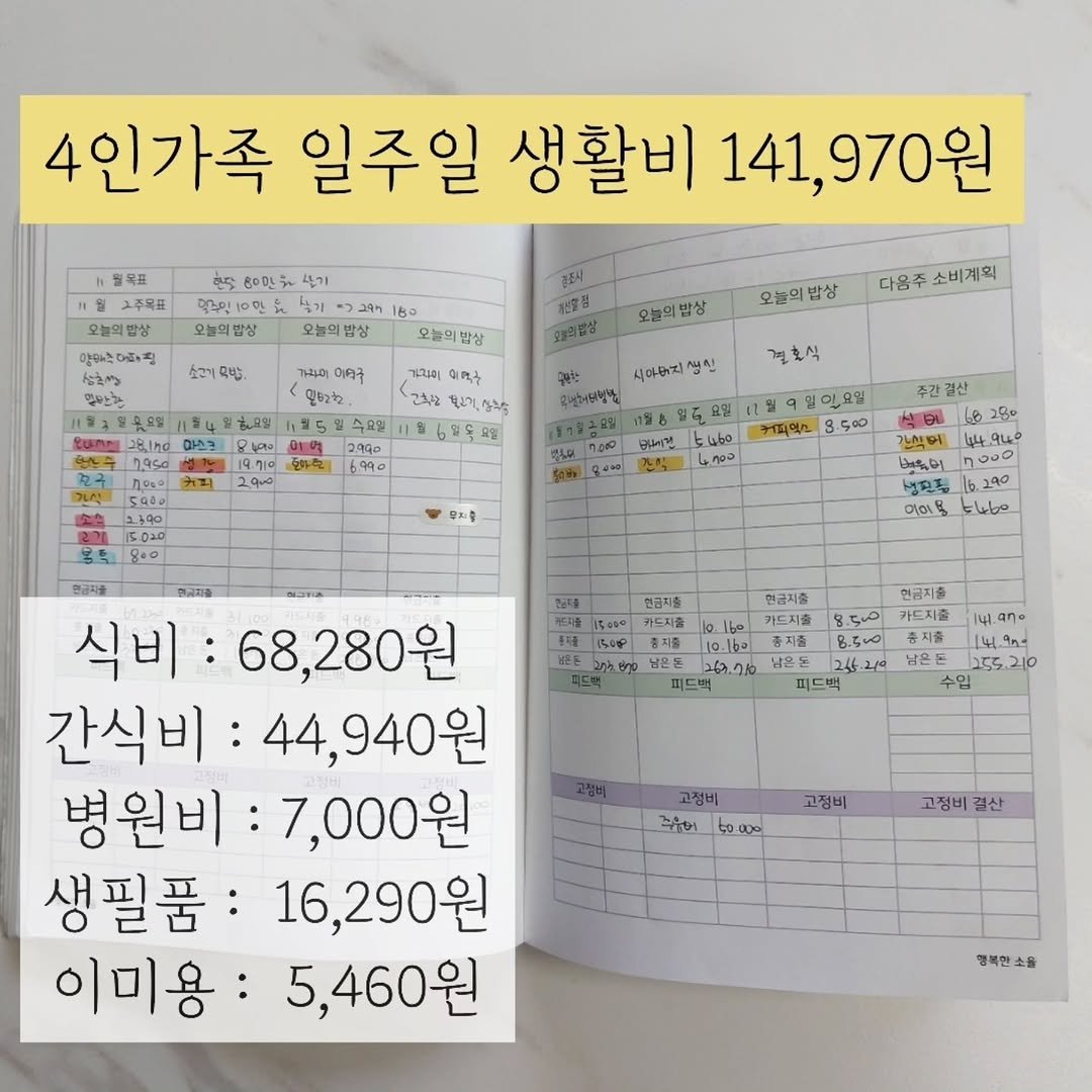 Photo by 행복한소율🕊가계부,식단표,식비절약,집밥레시피 on November 10, 2025. May be an image of diary, calendar and text.