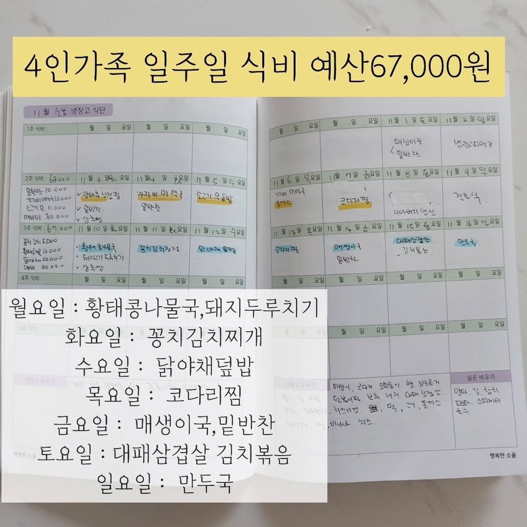 Photo by 행복한소율🕊가계부,식단표,식비절약,집밥레시피 on November 09, 2025. May be an image of ‎diary, calendar and ‎text that says '‎1주식비 월 4인가족 일주일 식비 예산67,000원 ٤٤ 남장고식단 일 요일 R$ 요일 670Ko 11.월:일도모일 כהסבזחרז 맘박국생병정 1월2월일오일 온온일 가라미미목국 끝단찬 미내님티국 일반환 185 일수요일 소리육수아 냉장고찍어거 ทบ 구요일 모모일 마슬쿡 들까식 일옥요일 해감식5모og 12.000 필요을 코디리핑 30003 목요일 터라기독록해기 테라기 양촉~ 꽁치김학클럼 모요일 닭아하 0を 니아디앤고 はム 요일 สงญ 二8 158 더패일 김허묵의 매썸이국 16일일요일 아주욱 요일 일 요일 요월 요밀 요일 요일 월요일 황태콩나물국,돼지두루치7 돼지두루치기 화요일: 꽁치김치찌개 수요일: 닭야채덮밥 목요일: 코다리찜 금요일: 매생이국,밑 밑반찬 토요일: 대패삼겹살 김치볶음 일요일: 만두국 실혼비우기 રેવામ 모흔들이 행 브로록거 다보어떡 너누 Cиm ונליו 치킨버캣 로자스 セleyul 치츠 ဟ 0다 진로. ሌማከክነር 행북안소 소물‎'‎‎.