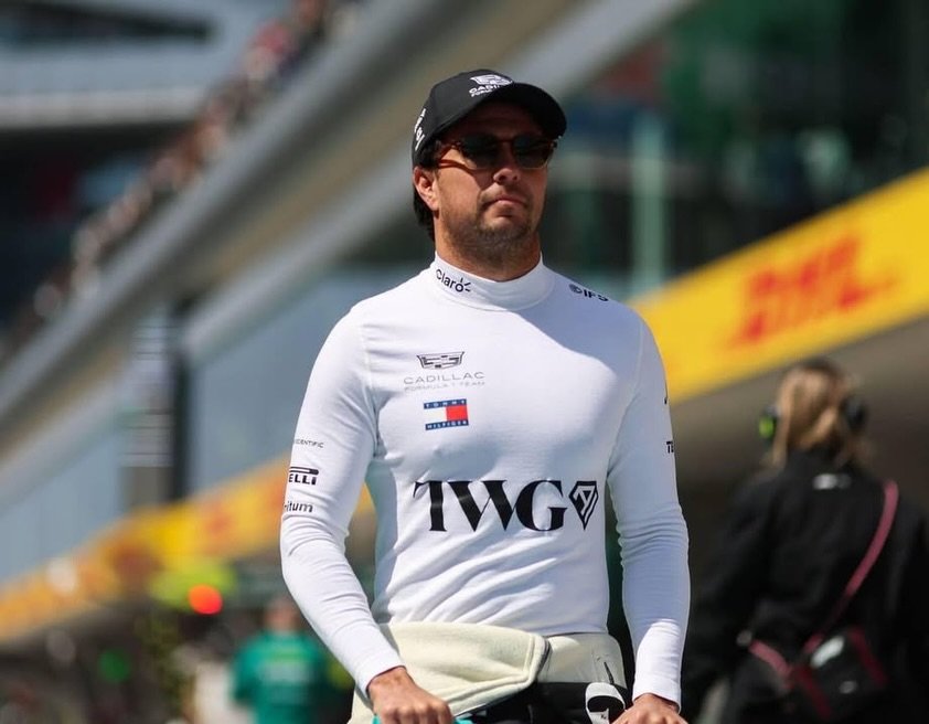 Photo by Checo Pérez on March 15, 2026. May be an image of racing vehicles, helmet and text.