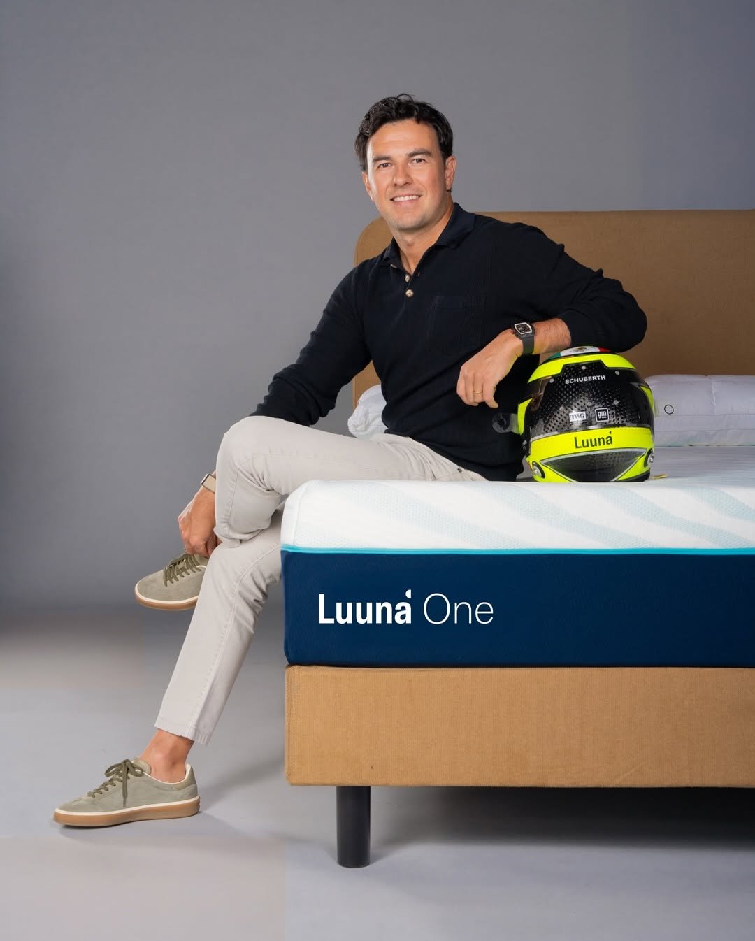 Photo shared by Checo Pérez on February 06, 2026 tagging @luuna. May be an image of mattress, bed, futon, bedroom and text.