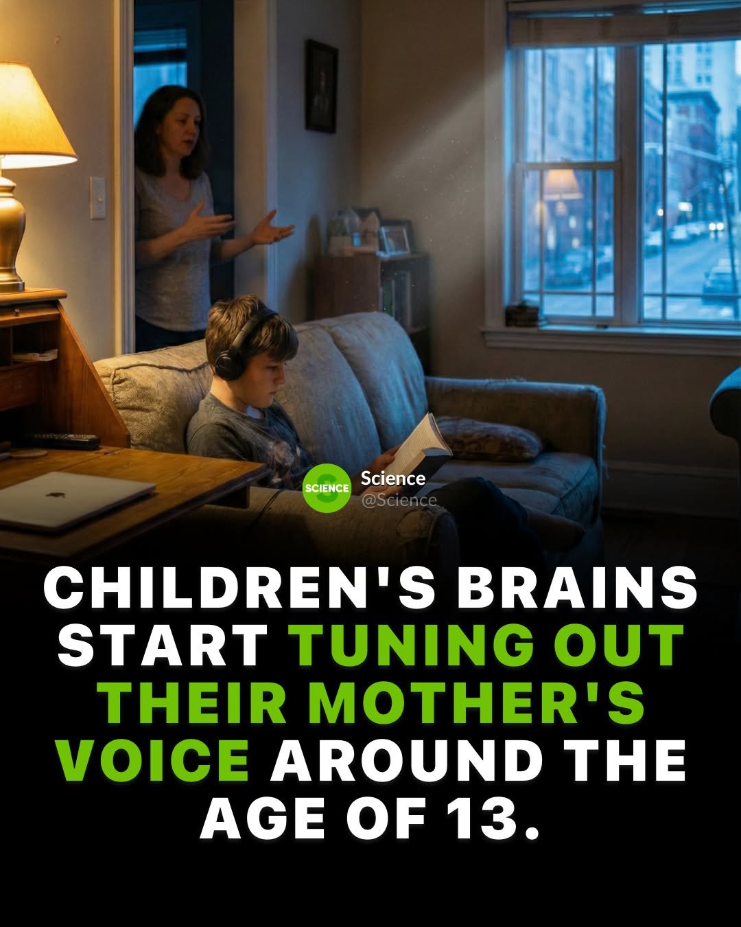 Photo by Science 🧬 on March 01, 2026. May be an image of child, television, poster and text that says '7 SCIENCE Science CHILDREN'S BRAINS START TUNING OUT THEIR MOTHER'S VOICE AROUND THE AGE OF 13.'.