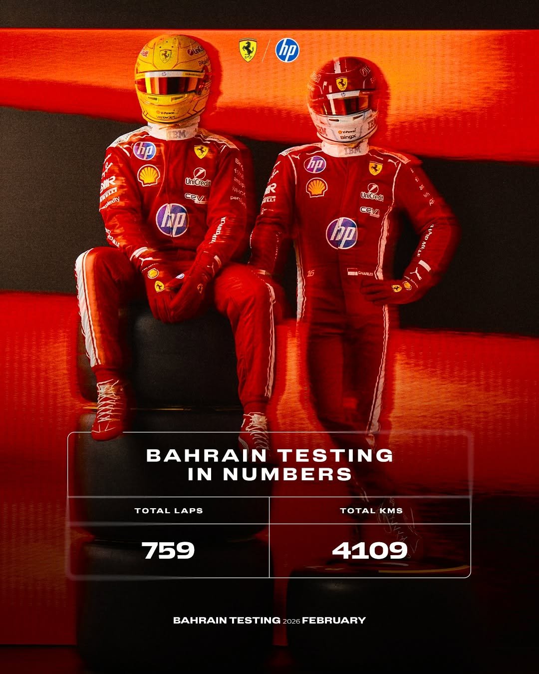 Photo shared by Scuderia Ferrari HP on February 21, 2026 tagging @lewishamilton, and @charles_leclerc. May be an image of racing vehicles, poster and text.