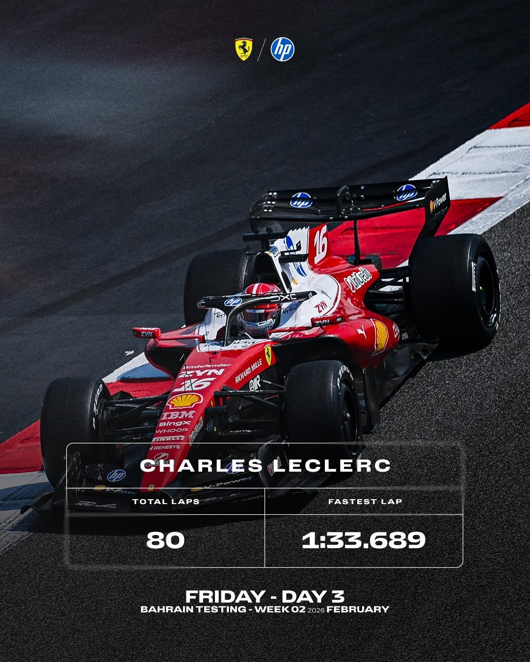 Photo shared by Scuderia Ferrari HP on February 20, 2026 tagging @charles_leclerc. May be an image of text.