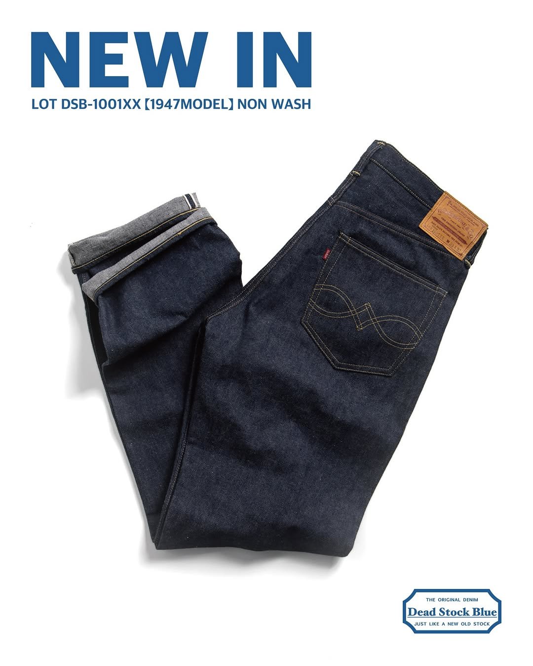 Photo shared by warehousekorea on January 02, 2026 tagging @sculpstore_official, @sculpstore_hannam, and @sculpstore_seogyo. May be an image of text that says 'NEW IN LOT DSB-1001XX [1947M0DEL) NON WASH THE CHIGNAL DEMM pe3bl Dead Stock Blue JUST ST UKE EA ANE NEW DLD D STOCK'.