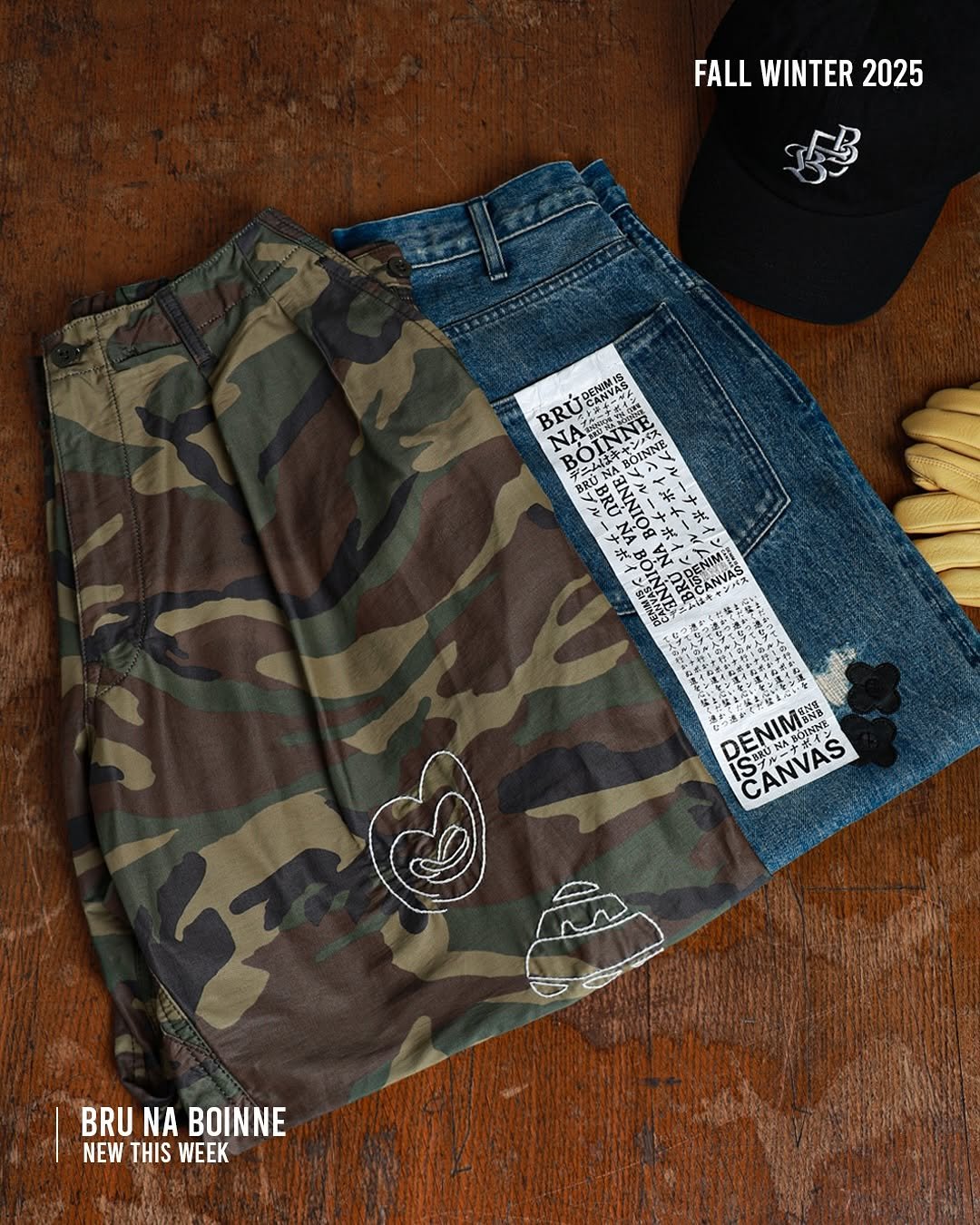 Photo shared by 𝗦𝗖𝗨𝗟𝗣𝗦𝗧𝗢𝗥𝗘 on November 17, 2025 tagging @brunaboinne_jp. May be an image of ‎hat, drawstring, shorts and ‎text that says '‎FALL WINTER FALLWINTER2025 2025 心禁N4精酒 BRÚ NA BOINN BOINNE VNN NA BOI デニムは 学ニム ム生キャンバ 田 BRÙ S DENIMSS NIMN QS שאווא ANVAS ポイン BRU BRUNABOINNE NA BOINNE NEW THIS THISWEEK WEEK‎'‎‎.