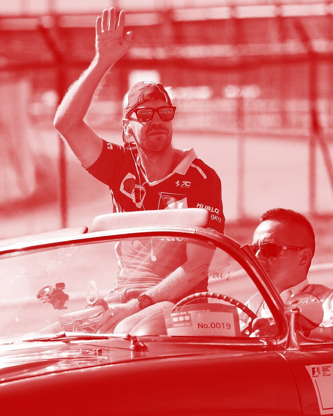 Photo by Sebastian Vettel on April 15, 2026. May be an image of racing vehicles, rearview mirror, roadster, convertible and text.