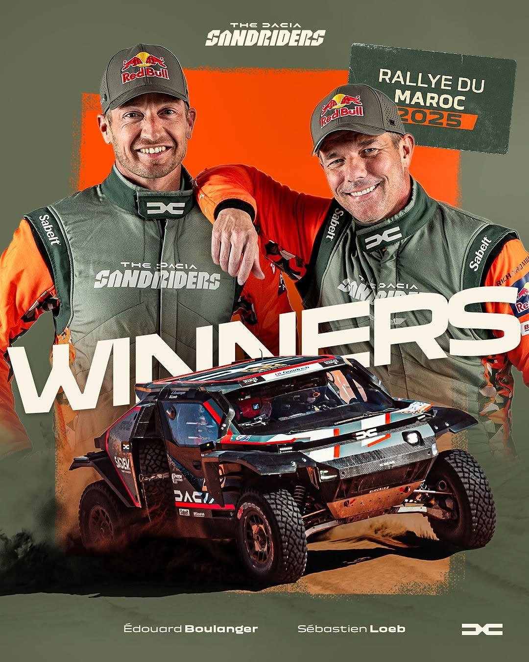 Photo by The Dacia Sandriders in Morocco with @diverse_extremeteam, @aramco, @sabeltofficial, @sebloebofficiel, @bfgoodricheurope, @edouard_boulanger, @rallyedumaroc, @roole_fr, and @officialw2rc. May be an image of ‎racing vehicles, race car, poster, dune buggy, buggy and ‎text that says '‎THE ㅋ스티I스 SANDRIDERS AA RedBull Red Bull 海代 RodBull RALLYE DU MAROC 2025 DC Sabelt มอตุจ THE :PACIA Sabelt み34袋 WINNERS Re SONDI SONDIRIDERS BID ERS IERS 세마자랑스틴스 Fh스티I스 WIA 이라된 なはた用めだ W ق ኃለድ LW 通 라파스 Édouard louardBoulanger Boulanger Sebastien Loeb DC‎'‎‎.