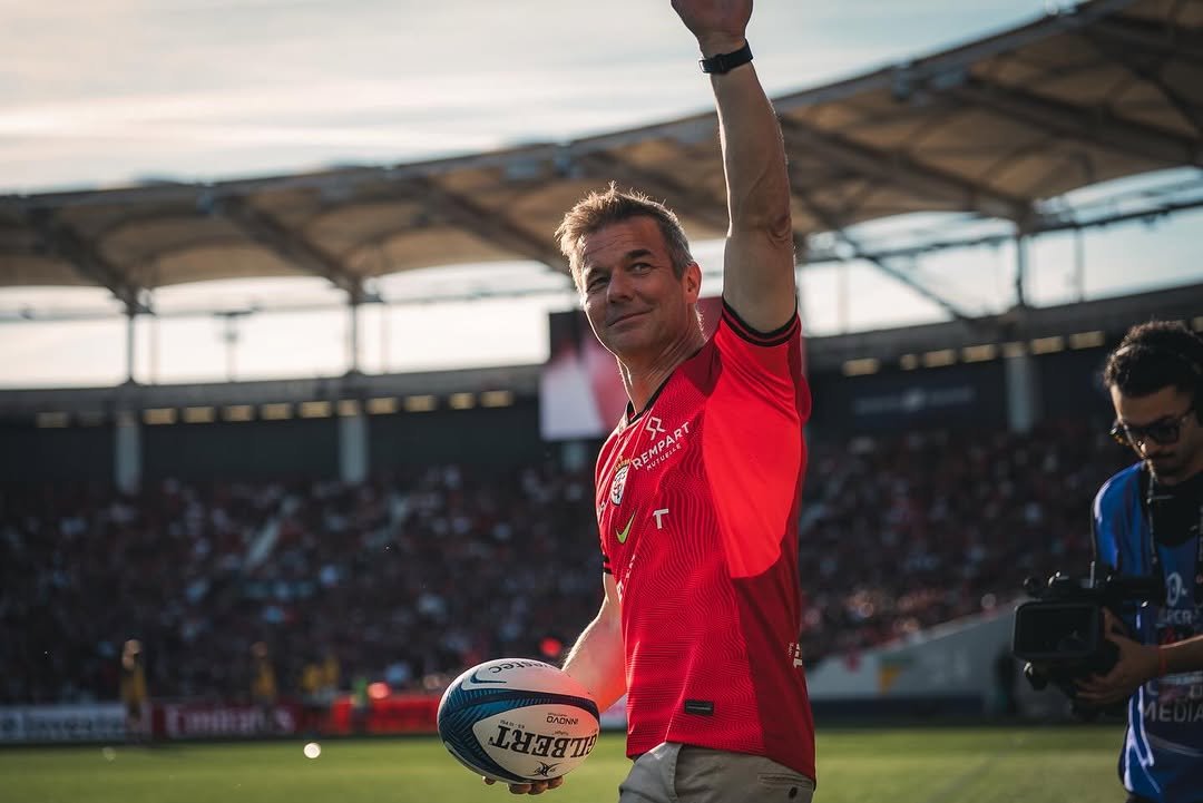Photo shared by Sébastien Loeb on April 05, 2026 tagging @stadetoulousainrugby. May be an image of football, soccer, stadium and text.