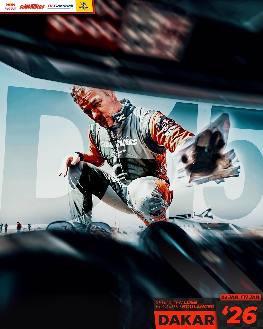 Photo shared by Sébastien Loeb on December 19, 2025 tagging @redbulldesertwings, @bardahl_official, @bfgoodricheurope, @edouard_boulanger, and @the_dacia_sandriders. May be an illustration of ‎racing vehicles, helicopter, poster, helmet and ‎text that says '‎RedBuil SANDLIDERS BFGoodrich ခိန်ခြံ 子尔 DARDAUL ร س まー N sobolt RIDERS eur heup LINO 03 03JAN./17JAN. SEBASTIEN SEBASTIENLOEB LOEB EDOUARD EDOUARDBOULANGER BOULANGER DAKAR '26‎'‎‎.