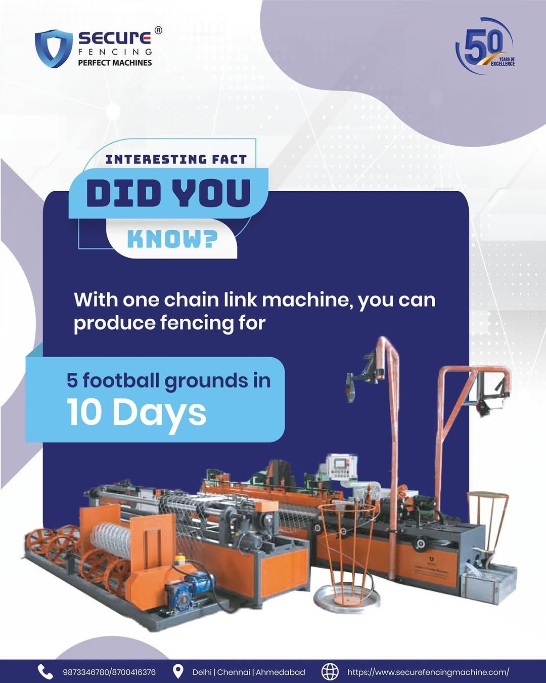 Photo by Secure Fencing®️ in India. May be an image of water heater, generator and text that says 'SECurE® ® F FE PERFECT PERFECTMACHINES MACHINES 50 EHCEWUB INTERESTING FACT DID γου KOω? With one chain link machine, you can produce fencing for 5 football grounds in 10 Days E 9873348700/8700418375 Delhi|ChennalAhmedebad Delhi| Chennal |Ahmedabad https://ww.a.engegaenan.'.