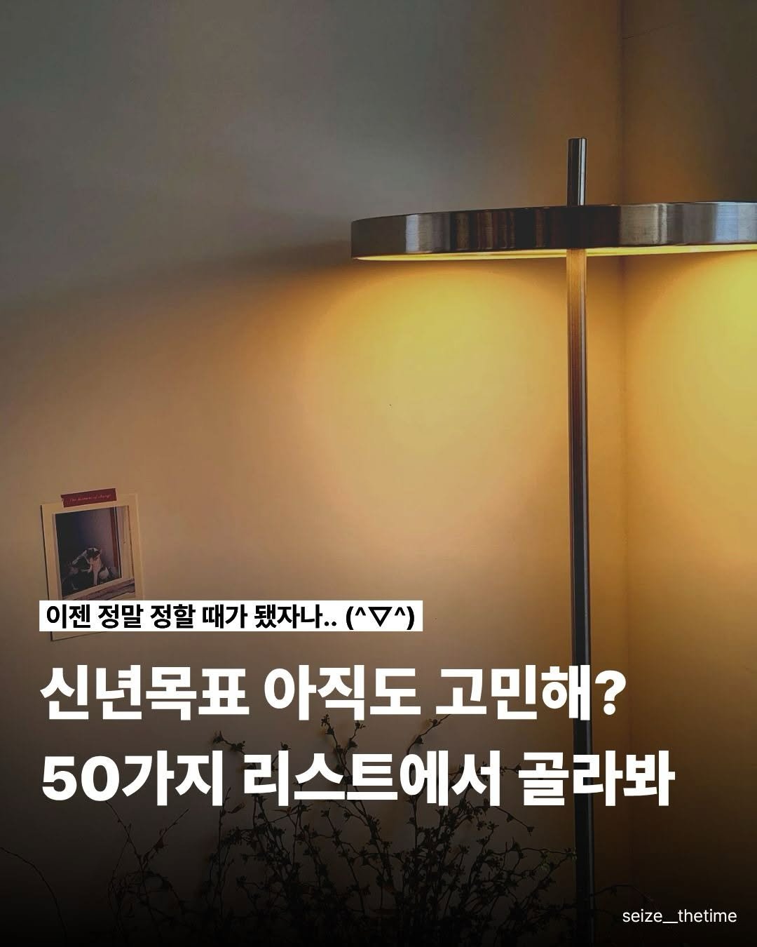 Photo by 시즈더타임 | 자기계발•N잡•재테크 on December 23, 2025. May be an image of lamp and text that says '이젠 정말 정할 때가 됐자나.. (Aㅅ) 신년목표 아직도 고민해? 50가지 리스트에서 골라봐 seize_thetime'.