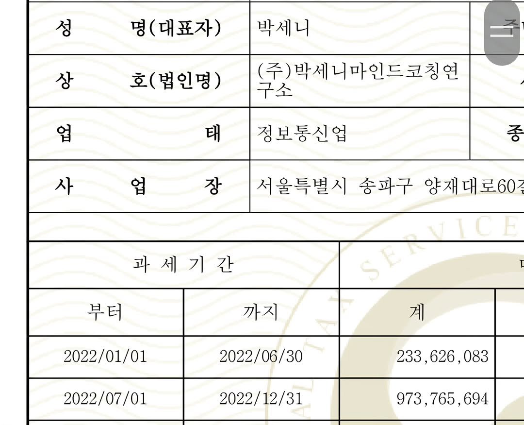 Photo by 멘탈리스트 박세니 on March 12, 2026. May be an image of floor plan, blueprint, crossword puzzle, calendar and text that says '성 명 명(대표자) 상 박세니 호 호(법인명) (주) )박세니마인드코칭연 구소 업 태 사 정보통신업 장 종 서울특별시 송파구 1울특별시송파구양재대로60 양재대로60 과세기간 부터 ι 까지 2022/01/01 계 2022/06/30 30 2022/07/01 233,626,083 083 233, 626, 2022/12/31 12/31 2022/ 973,765,694 694 765,'.
