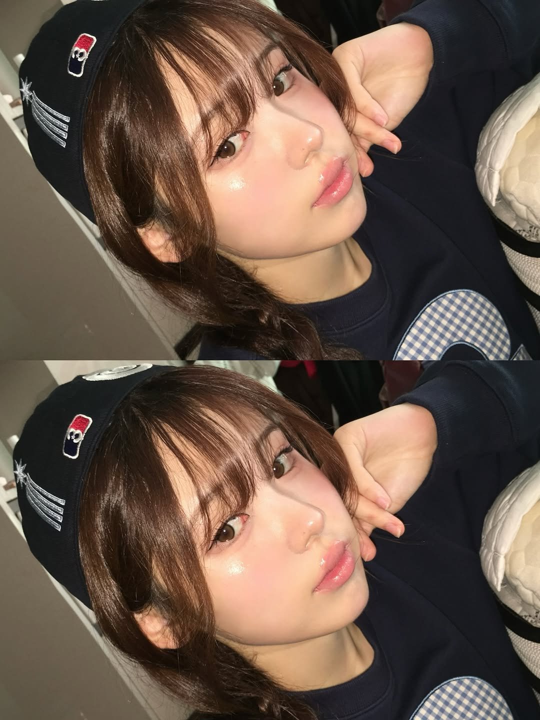 Photo shared by 안민서 on October 08, 2025 tagging @bauf_official. May be a selfie of one or more people, bangs, hat and text.