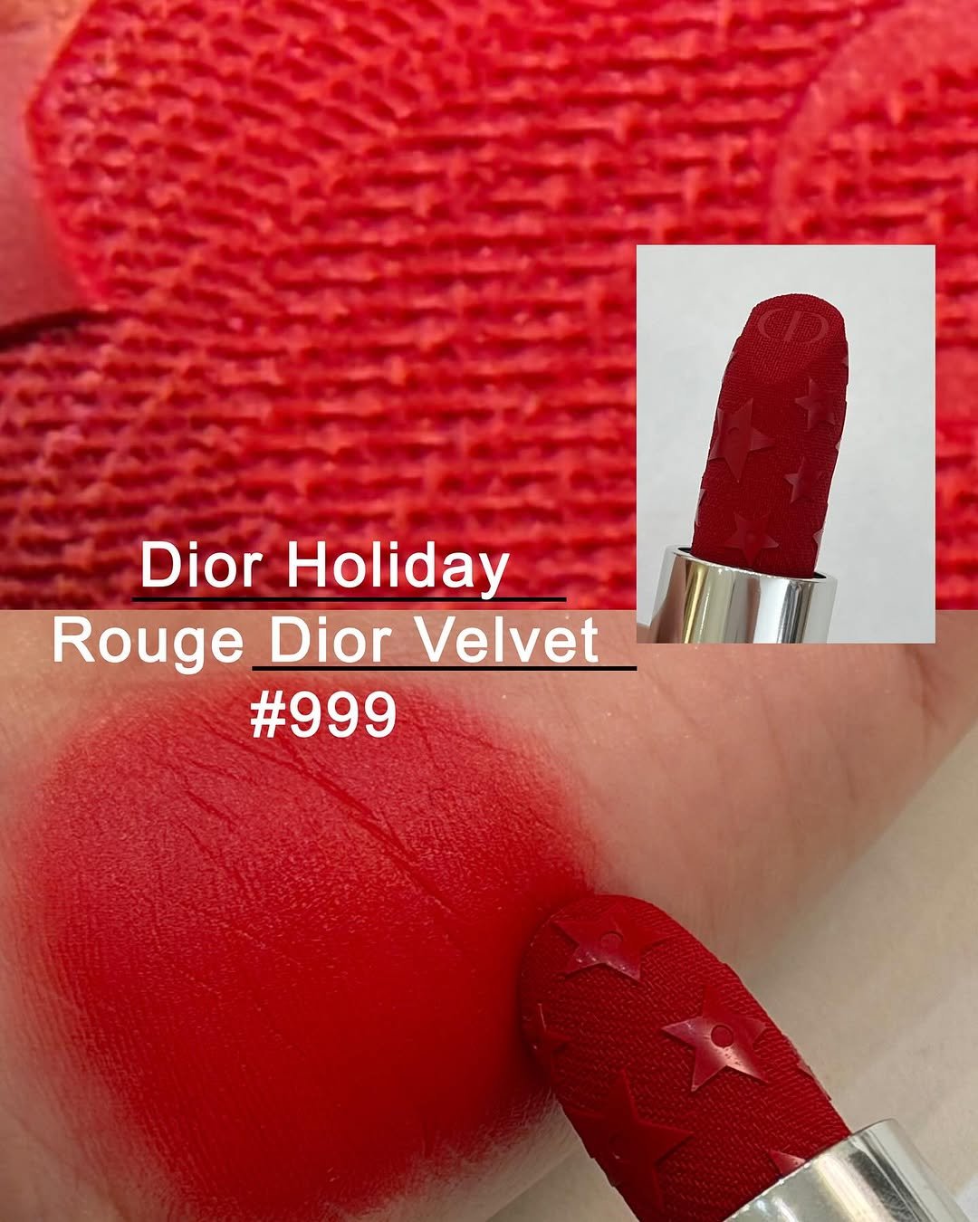 Photo shared by 메이크업아티스트 서가람 / MYU on November 08, 2025 tagging @diorbeauty. May be an image of one or more people, lipstick, cosmetics and text that says 'Dior Holiday Rouge Dior Velvet #999'.