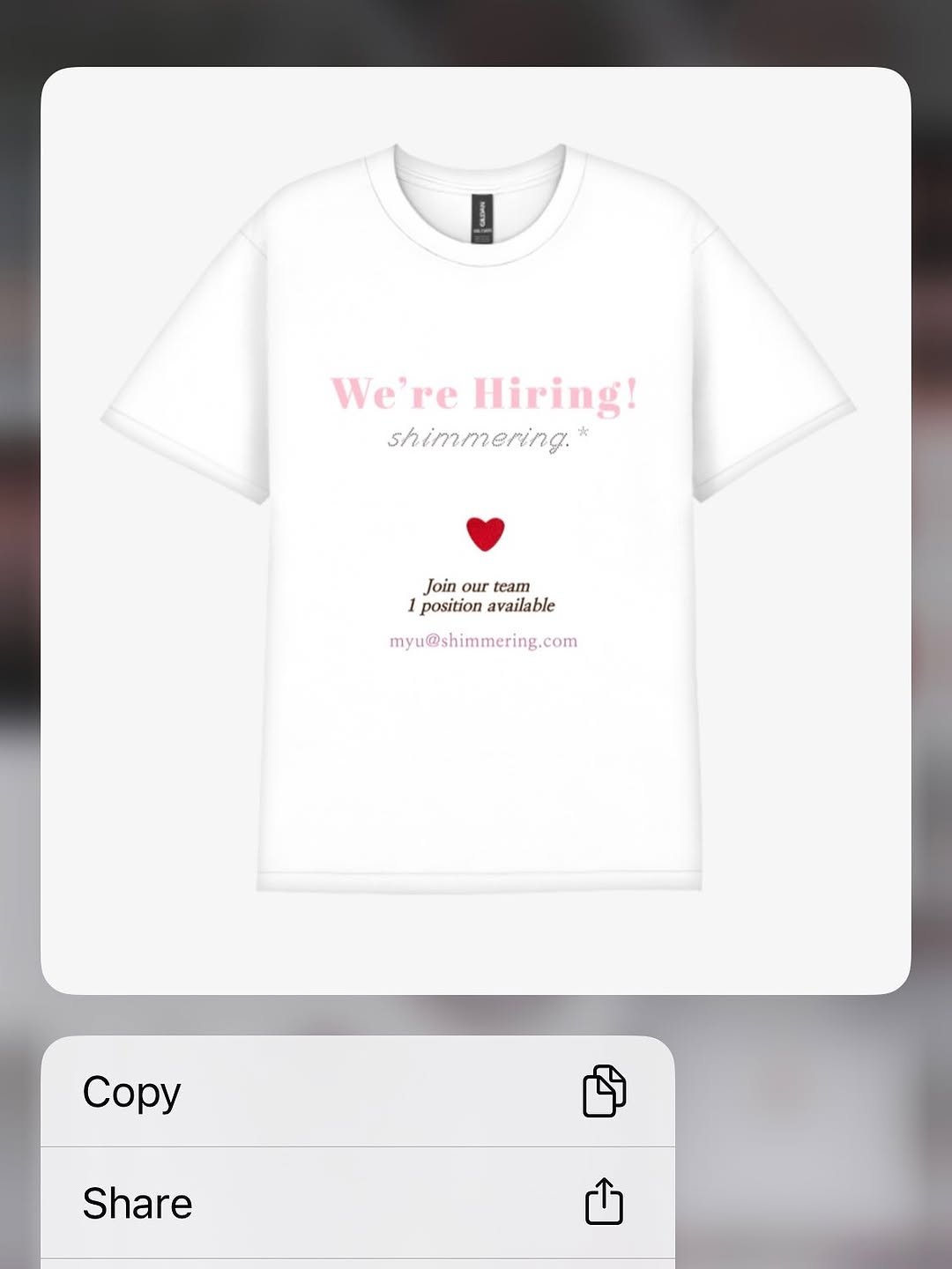 Photo shared by 메이크업아티스트 서가람 / MYU on September 30, 2025 tagging @shimmering.hus. May be a graphic of heart and text that says 'We'reHiring! We're Hiring! shimmering. 1positionavailable 1 position available Join our team myu@shimmering.com Copy Share'.