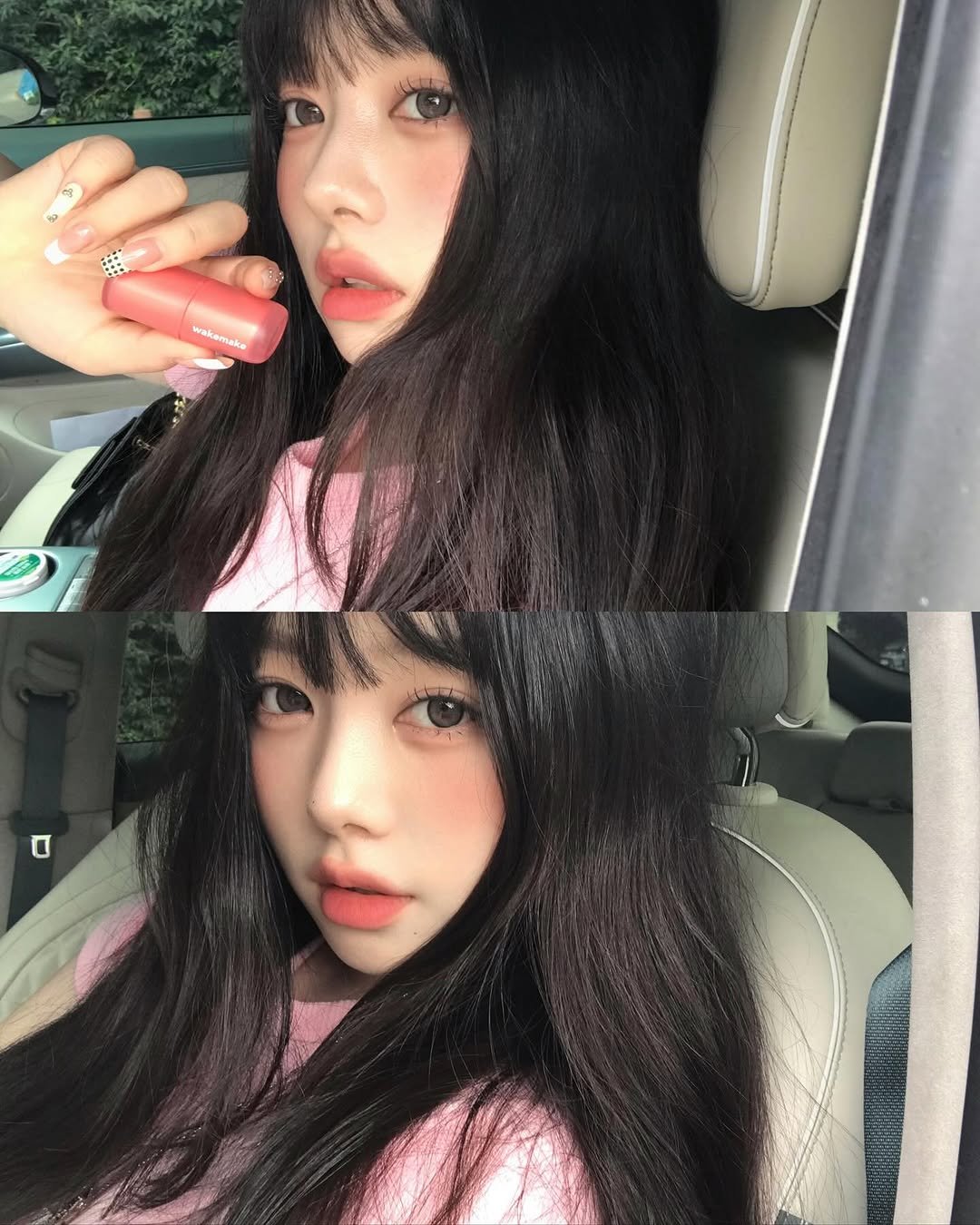 Photo shared by 김선우 on August 31, 2025 tagging @wakemake_official. May be a selfie of 2 people, hair, lipstick, makeup, eyeliner and text.