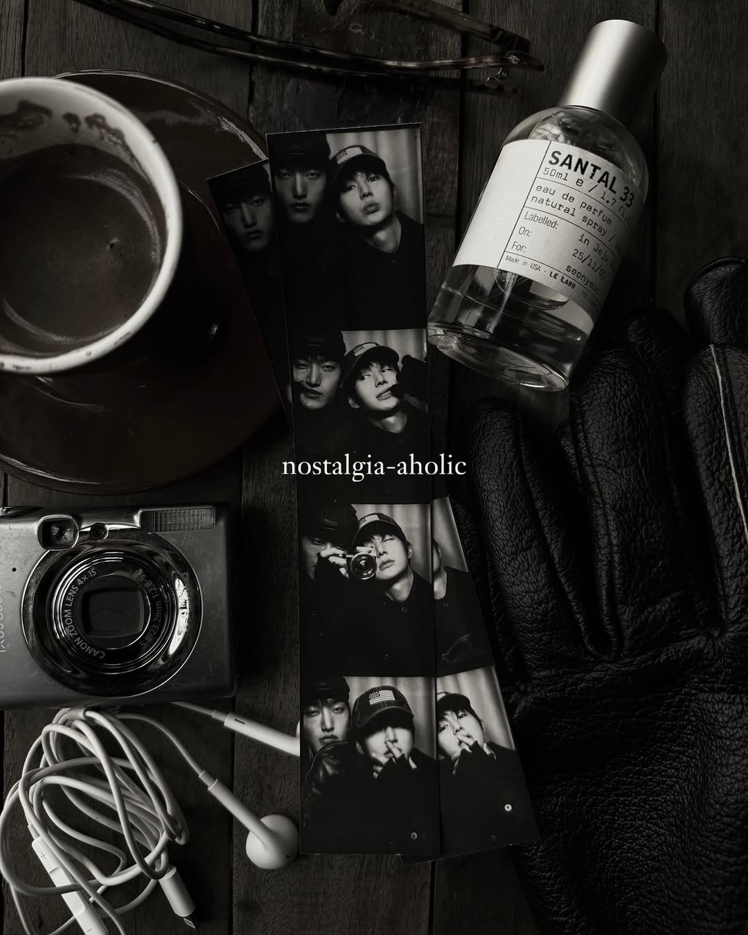 Photo shared by 정선혁 Seon Hyeok on December 23, 2025 tagging @lelabofragrances. May be a black-and-white image of fragrance, digital audio player, lighter, coffee cup, flask, perfume, hand cream, portable cassette player and text that says 'ตลน eee ural de 50mLE SANTA 50nd SANT 50ml nat nat jabel D: Lavee Labettd: Labes natural For: For: nostalgia-aholic -aholic nosta'.