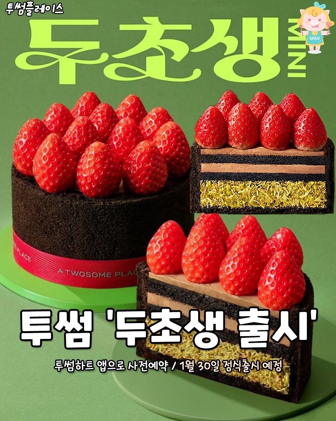 Photo by 서울핫플 공식계정 / 서울맛집 서울카페 서울여행 on January 16, 2026. May be an image of strawberry, chiffon cake, chocolate cake, cheesecake, pie, fruitcake and text that says '투썸플레이스 ㅣ스 두초생을 台 MIMI TWOSOME 투썸 투썸'두초생출시' 書人 '두초생 투썸하트 앱으로 사전예약 투썸하트앱으로사전.약/ 1월 30일 정식줄시 일정식졸시예 예정'.
