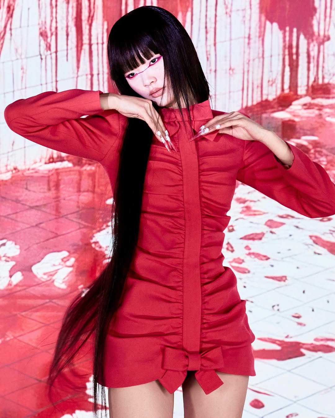 Photo shared by Seoul Kim on April 10, 2026 tagging @wkorea, @narangchoi, @ziiiiii___yeony, and @limjeongout. May be an image of one or more people, makeup, miniskirt, costume and text.