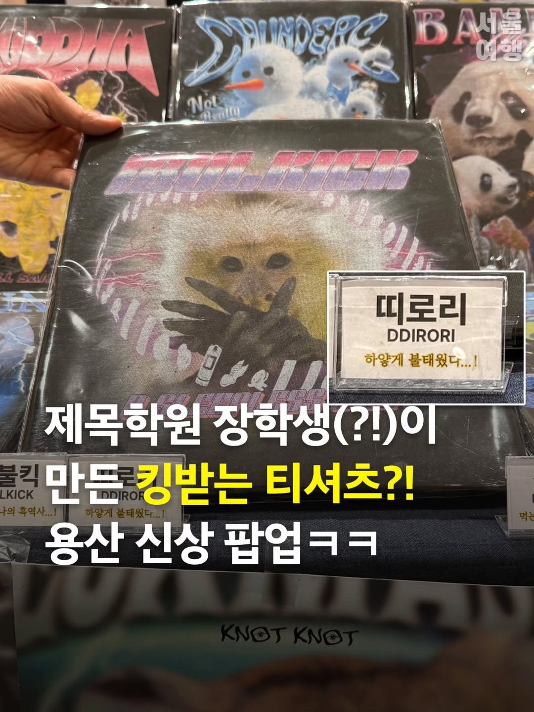 Photo by 서울여행 공식인스타 / 서울맛집 서울핫플 서울가볼만한곳 on April 24, 2026. May be an image of book, magazine, poster and text that says 'සයാපඳ Β A서울 Not JRPOS 띠로리 DDIRORI 하얗게 불태웠다...! 제목학원 장학생(?!) (?!न 만든 킹받는 티셔츠?! 용산 신상 팝업 팝업ㅋㅋ'.