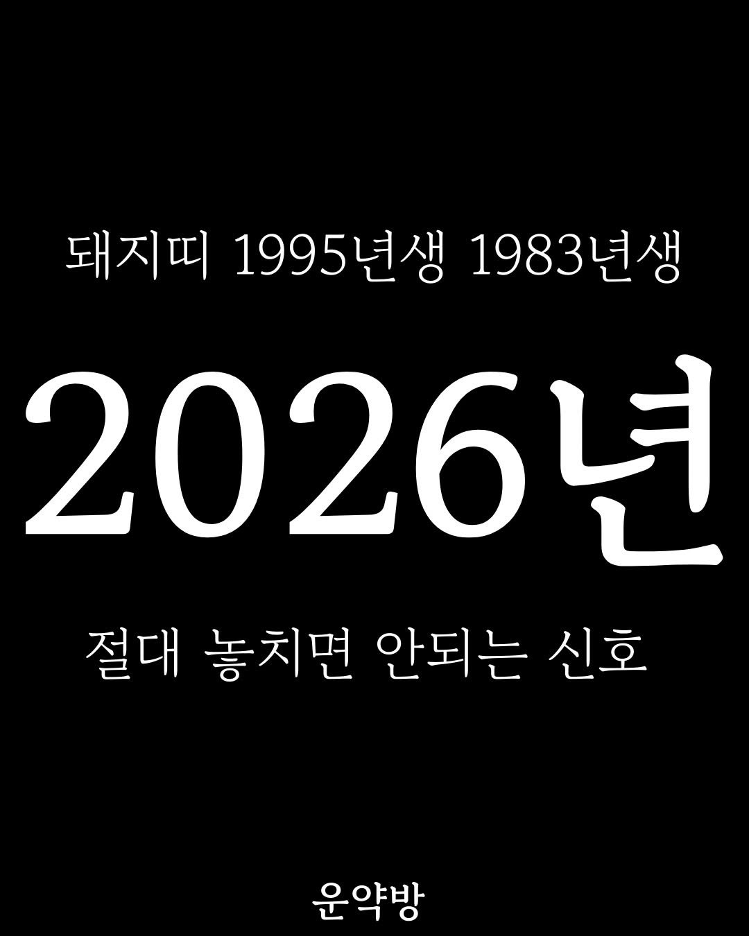 Photo by 서아라 | 운약방 사주·인생 설계 전문가 on February 20, 2026. May be an image of poster and text that says '돼지띠 1995년생 1983년생 2026년 절대 놓치면 안되는 신호 운약방'.