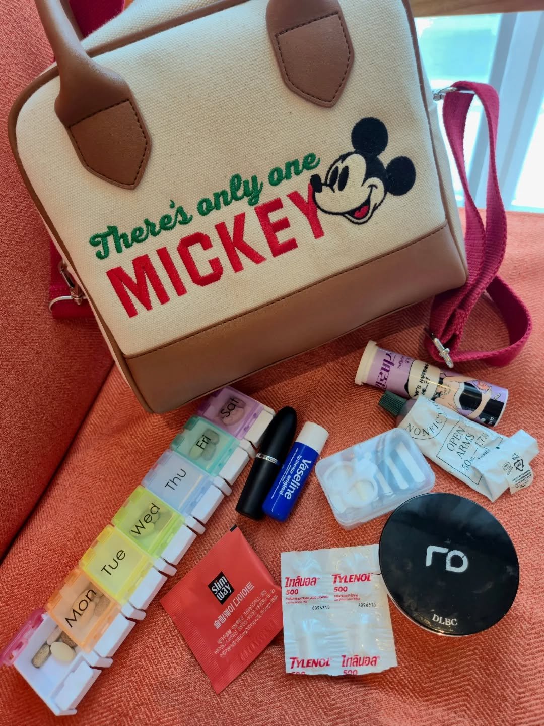 Photo by 세라마미🕊 꿈꾸는 하루, 도전하는 삶 on August 24, 2025. May be an image of one or more people, makeup, lipstick, dental floss, perfume, hand cream and text that says 'There's only MICKEY one .ኢ.. Fr NON OPEN GDMS ARMS 50 Vaseline Thu Wed Tue Mon slim may may 다이어트 솔람웨이 ไซล์นอล 500 াক TYLENOL 500 500 នយម 日.を 6675315 ዮስን15 DLBC TYLENOL ไกล์นอส 60O'.
