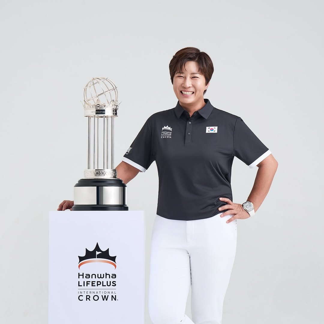 Photo shared by 박세리 on September 03, 2025 tagging @lpga_korea, and @internationalcrown_korea. May be an image of 1 person, golfing, playing tennis, sports equipment and text that says 'HAnE メ CDN CENE O: Hanwha LIFEPLUS CROWN CRO'.