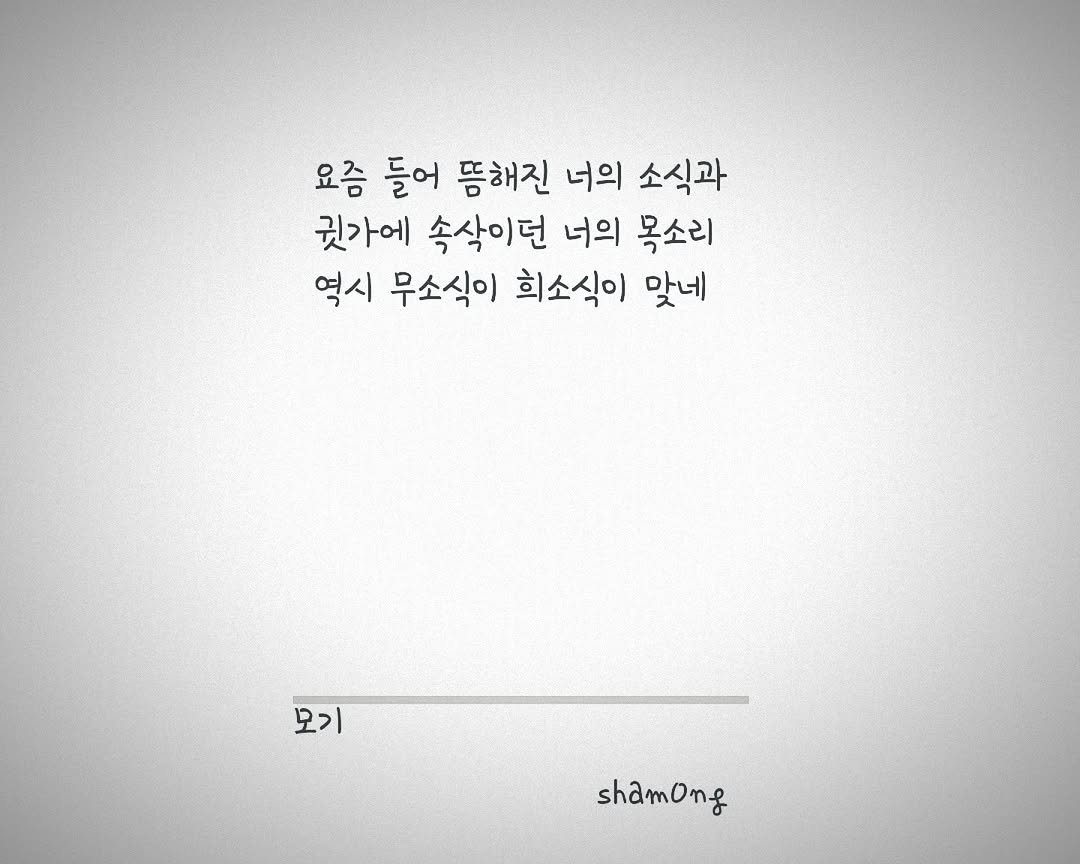 Photo shared by 𝓼𝓱𝓪𝓶𝓸𝓷𝓰_(샤몽) on August 08, 2025 tagging @sham0ng. May be an image of text that says '요즘 들어 품해진 너의 소식과 귓가에 속삭이던 너의 목소리 역시 무소식이 회소식이 맞네 모기 shamong sham'.