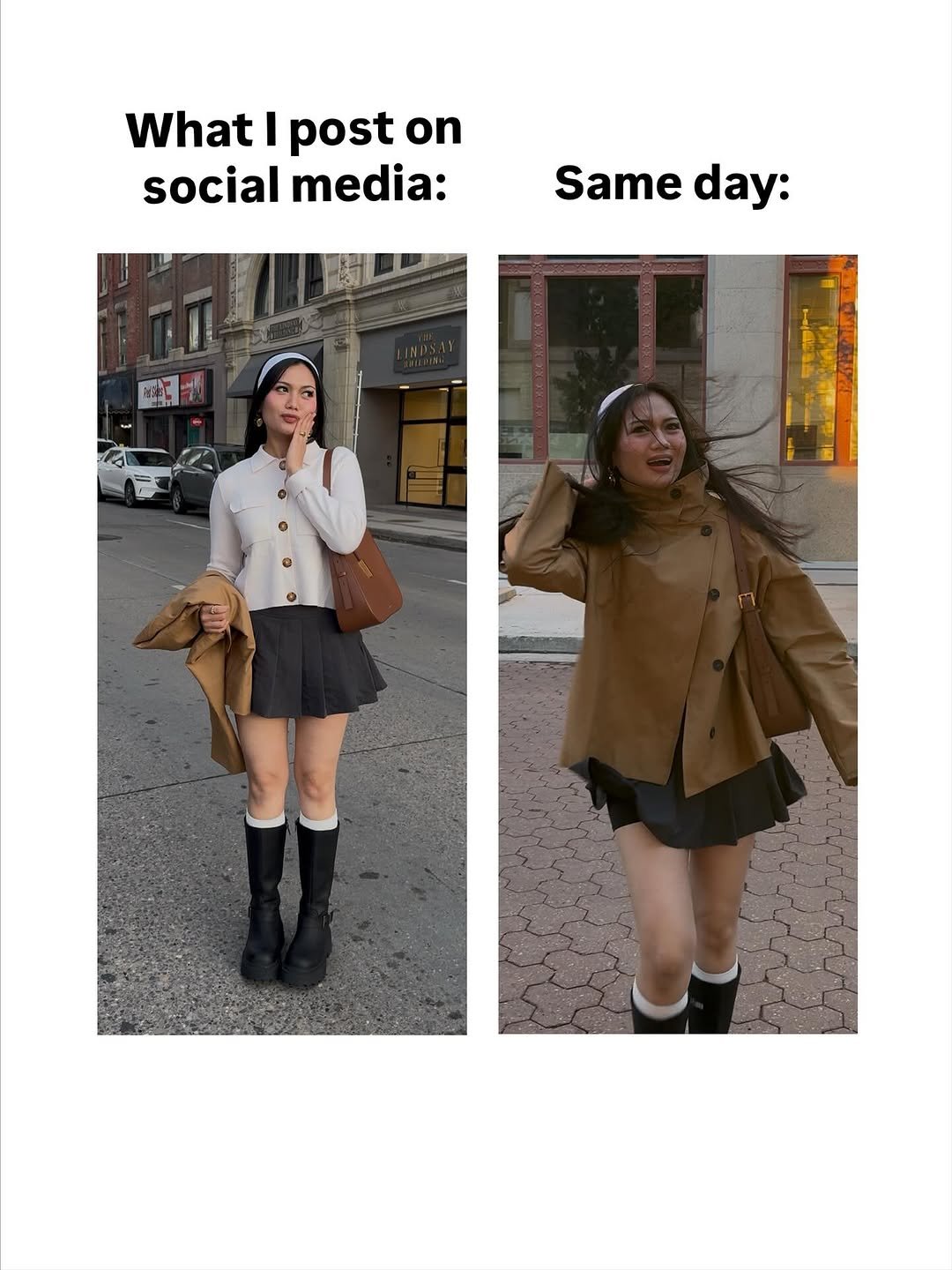 Photo by Shayne Hydn on October 11, 2025. May be a meme of overcoat, miniskirt, parka, poster and text that says 'what 1 post on social media: Same day:'.