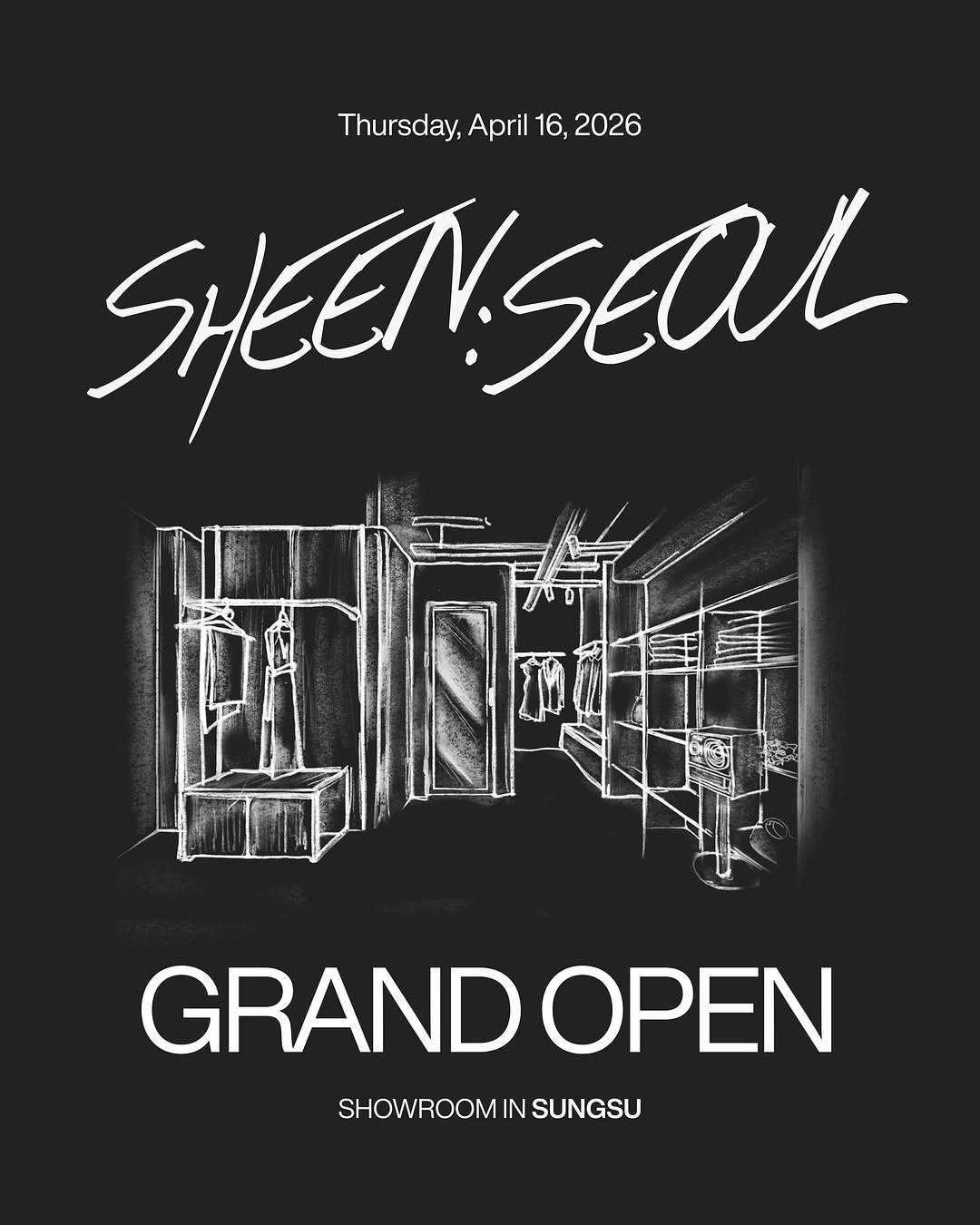 Photo shared by 신서울 | 한복 on April 15, 2026 tagging @sheen_seoul.ss. May be a graphic of seal, poster and text that says 'Thursday, Thursday,April16,202 April 16, 2026 SHEEN SHEENSEAL sEaL GRAND GRANDOPEN OPN SHOWROOM IN SUNGSU'.