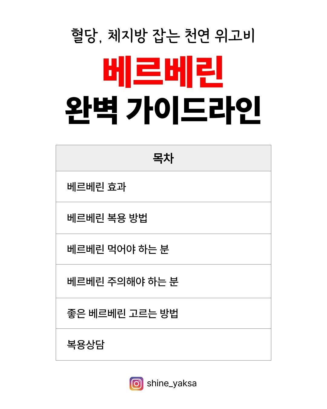 Photo by 샤인약사ㅣ 디톡스 하는 약사 💚 on August 13, 2025. May be an image of text that says '혈당, 체지방 잡는 천연 위고비 베르베린 완벽 가이드라인 목차 베르베린 효과 베르베린 복용 방법 베르베린 먹어야 하는 분 베르베린 주의해야 하는 분 좋은 베르베린 고르는 방법 복용상담 shine_yaksa'.