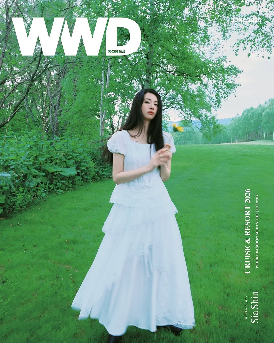 Photo by 신시아 on June 27, 2025. May be an image of 1 person, hair, magazine, dress and text that says 'WWD KOREA 2026 JOURNEY RESORT THE MEET & ASHION CRUISE WHERE SiaShin Sia Shin'.