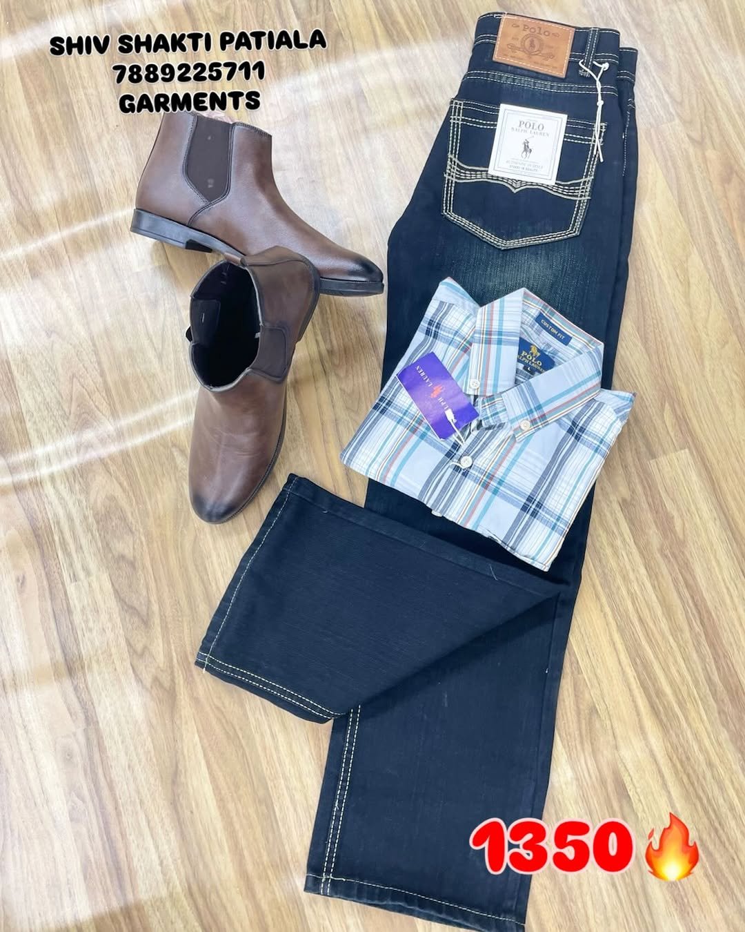 Photo by SHIV SHAKTI PATIALA GARMENTS in Bholla collection. May be an image of boots, wingtip shoes and text that says 'SHIV SHAKTI PATIALA 7889225711 GARMENTS - POLO 品 1350'.