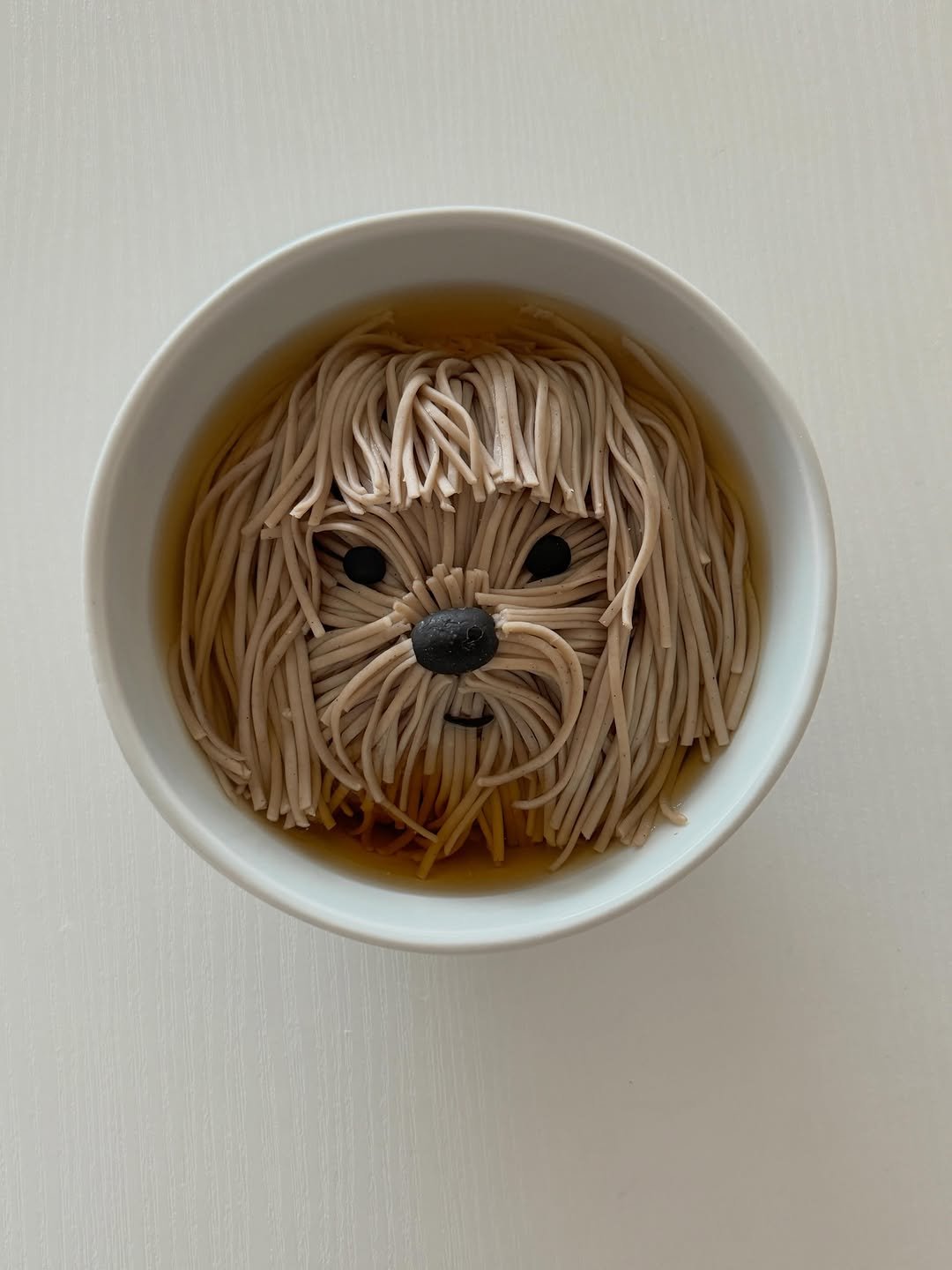 A bowl of noodles is arranged to look like a fluffy dog’s face floating in broth.
