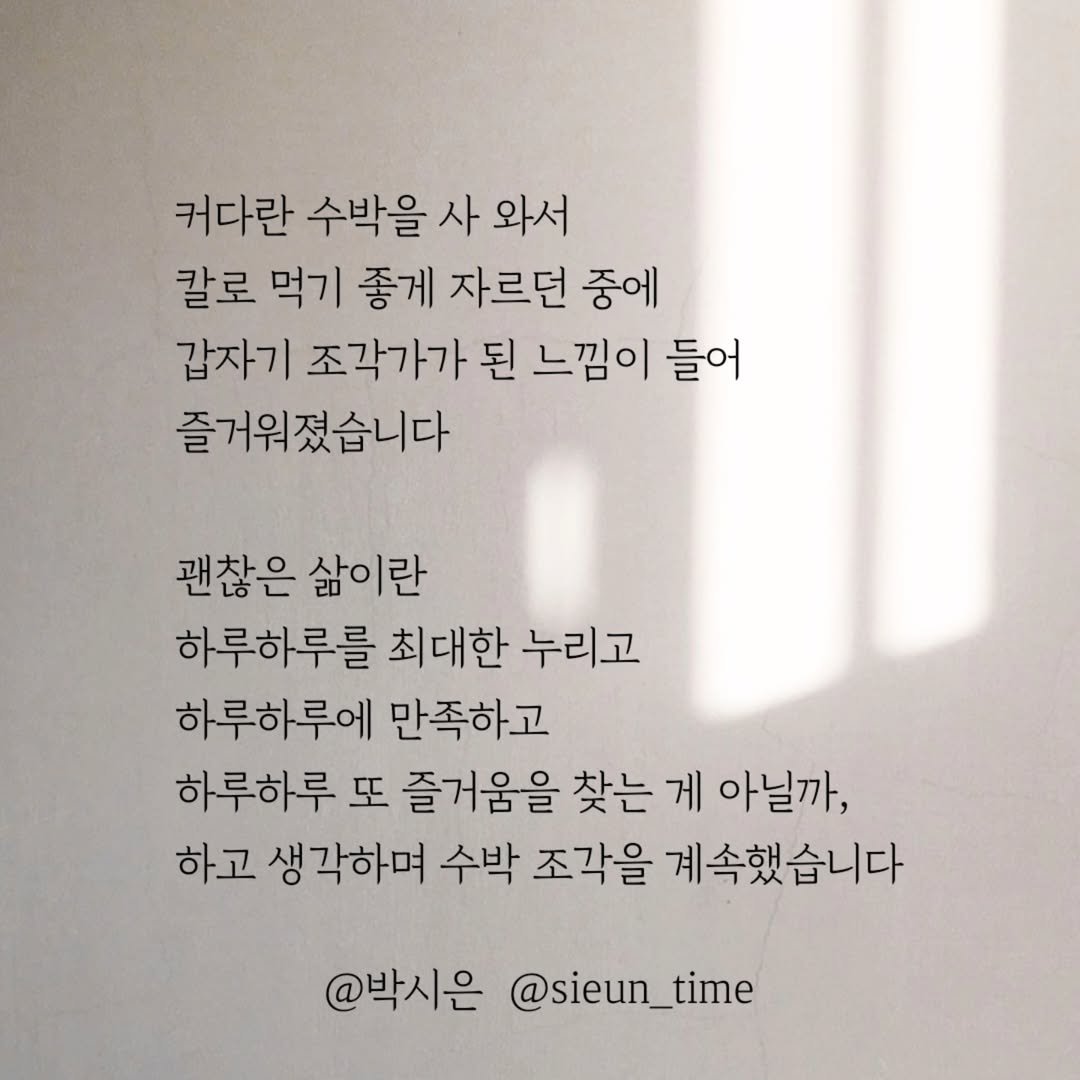 Photo by 박시은 on August 10, 2025. May be an image of text that says '커다란 수박을 사 와서 칼로 먹기 좋게 자르던 중에 갑자기 조각가가 된 느낌이 들어 즐거워졌습니다 괜찮은 삶이란 하루하루를 최대한 누리고 하루하루에 만족하고 하루하루 또 즐거움을 찾는 게 아닐까, 하고 생각하며 수박 조각을 계속했 계속했습니다 @박시은 @sieun_time'.