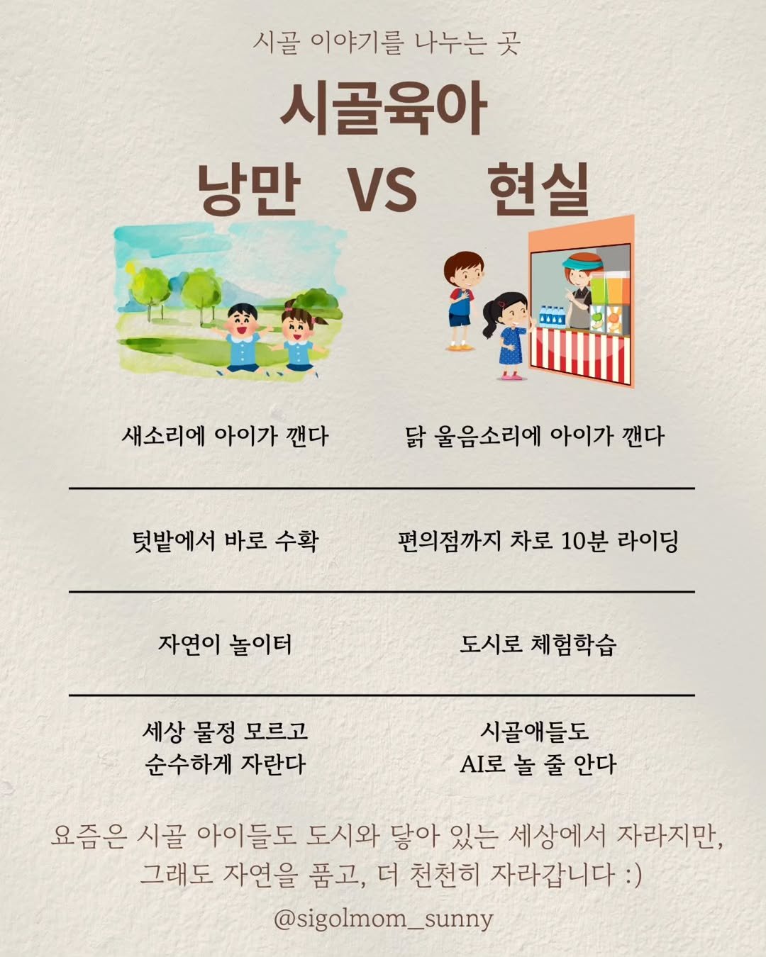 Photo by 시골맘써니 🌱 귀촌 워킹맘의 작은학교•자연육아 on November 21, 2025. May be an image of poster and text that says '시골 이야기를 나누는 곳 시골육아 낭만 VS 현실 DA.K 새소리에 새소리에아이가깬다 아이가 깬다 닭 울음소리에 아이가 깬다 텃밭에서 바로 수확 편의점까지 차로 10분 라이딩 자연이 놀이터 도시로 체험학습 세상 물정 모르고 순수하게 자란다 시골애들도 A로 놀 줄 안다 요즘은 시골 아이들도 도시와 닿아 있는 세상에서 자라지만, 그래도 자연을 품고, 더 천천히 자라갑니다:) @sigolmom_sunny'.