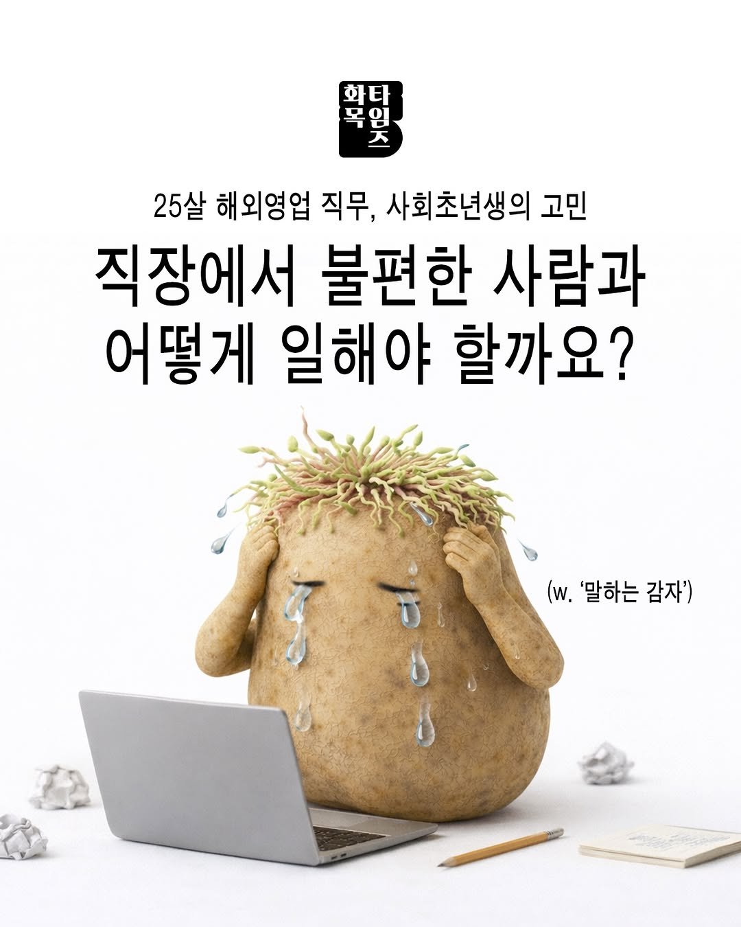 Photo by 🏠시도 플레이스[연희동 본점] on February 12, 2026. May be an image of book, poster and text that says '화티 임 즈 25살 해외영업 직무, 사회초년생의 고민 직장에서 불편한 사람과 어떻게 일해야 할까요? (w. (w.'말하는감자 '말하는 감자')'.