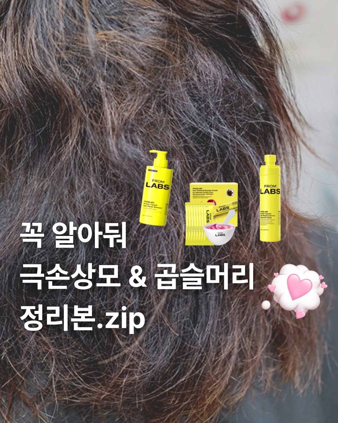 Photo by 몽지 𝚖𝚘𝚗𝚐 𝚣𝚒 💚 on March 24, 2026. May be an image of one or more people, hair, hair product and text that says 'FROM LABS ELRa FROM LABS LABS LABS 꼭 알아둬 극손상모 극손상모&곱슬머리 & 곱슬머리 정리본. 리본.zip zip'.
