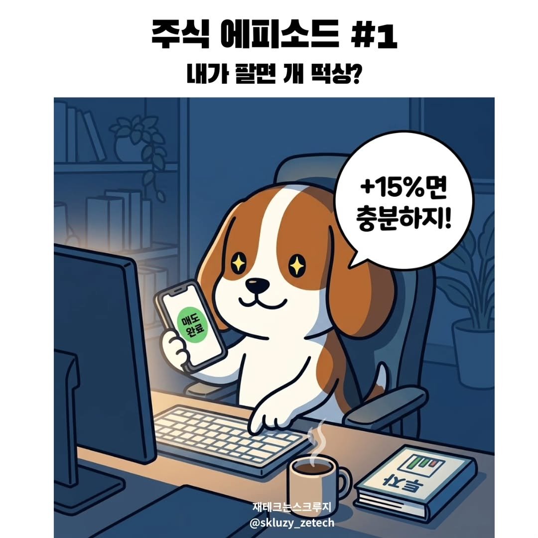 Photo by 재테크는스크루지 최우영 | 직장인 재테크 on April 28, 2026. May be a doodle of text that says '주식 에피소드 #1 내가 팔면 개 먹상? +15%면 충분하지! 매도 ሥ 茸 재테크는스크루지 @skluzy_zetech zy_zetech'.