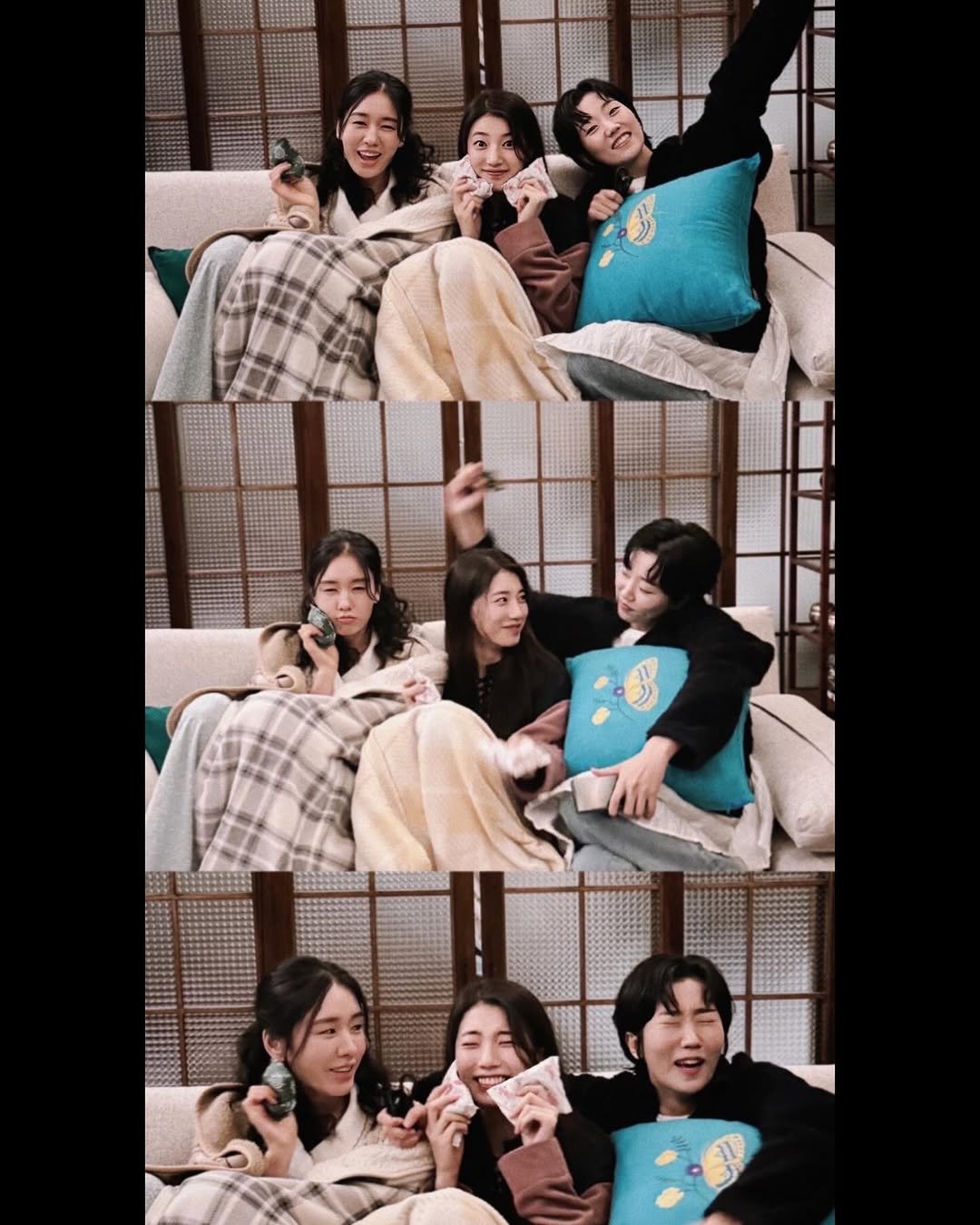 Photo shared by 숮이  💙🎧🐟🦭❄️⛄️💎🧊✈️🚿🧸🩵🔂 on October 09, 2025 tagging @eunjin___a, and @izoo_young. May be an image of 9 people, bangs and text.