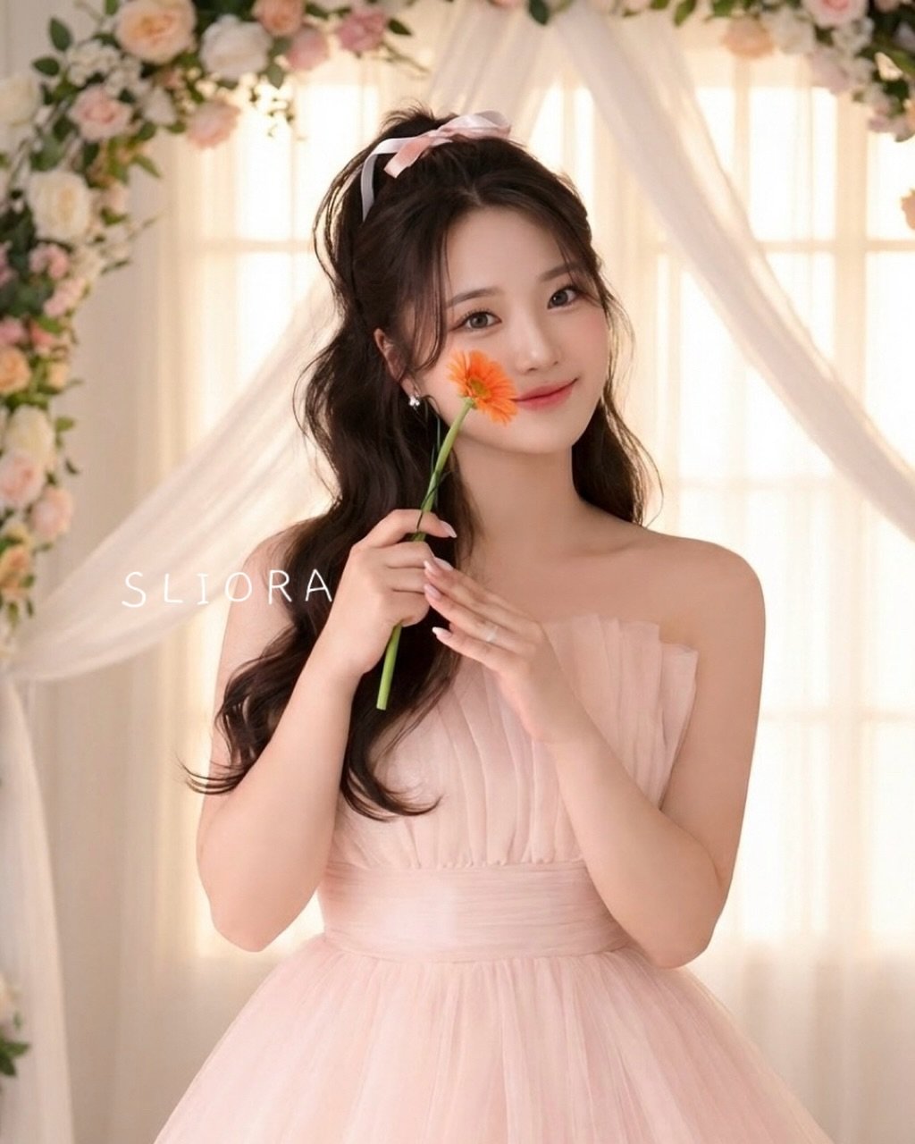Photo by 슬리오라 제제 ㅣ 웨딩헤어 헤어변형 본식헤어 1인 업체 in Seoul, Korea with @sliora____. May be an image of dress and text.